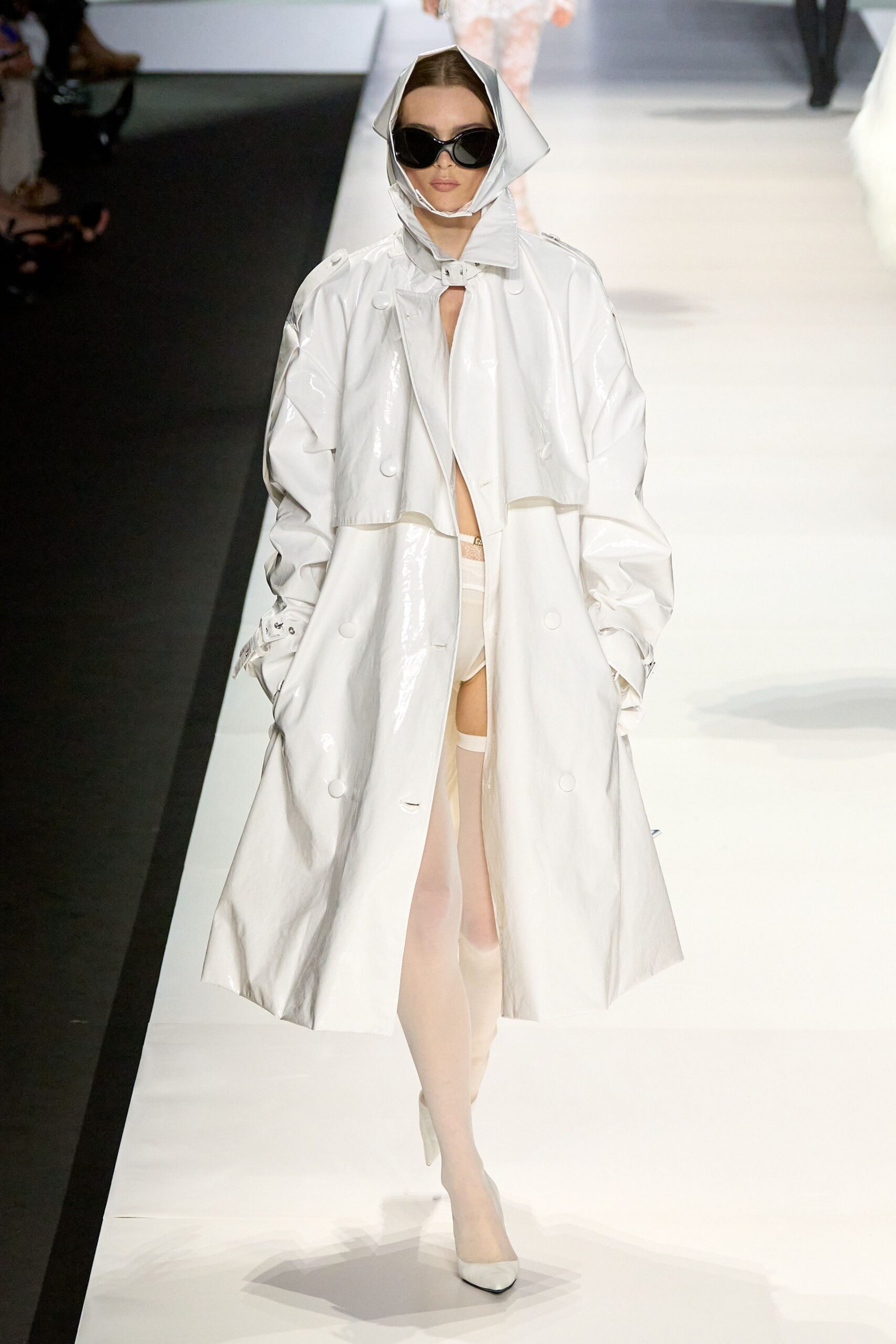 white vinyl long-sleeve hooded oversized zippered shiny coat