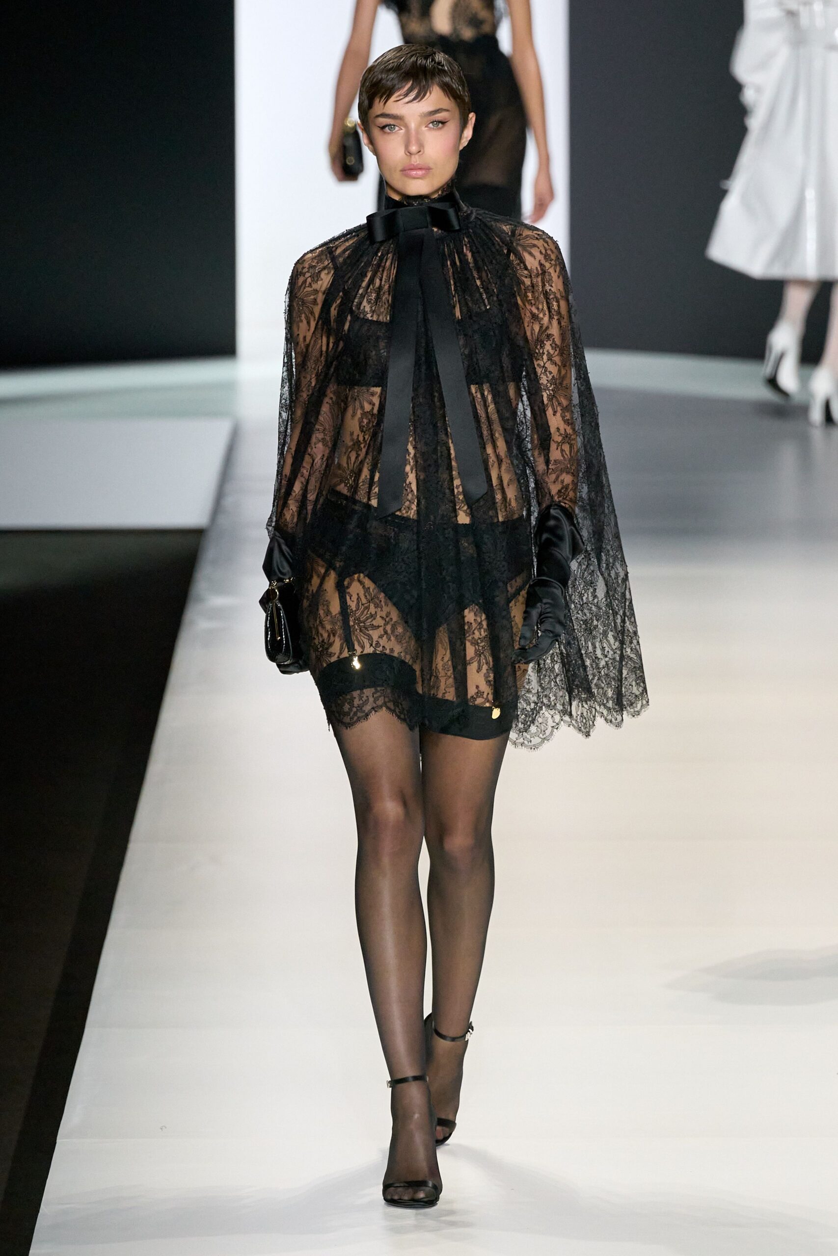 black lace sleeveless high-neck fitted layered sheer dress