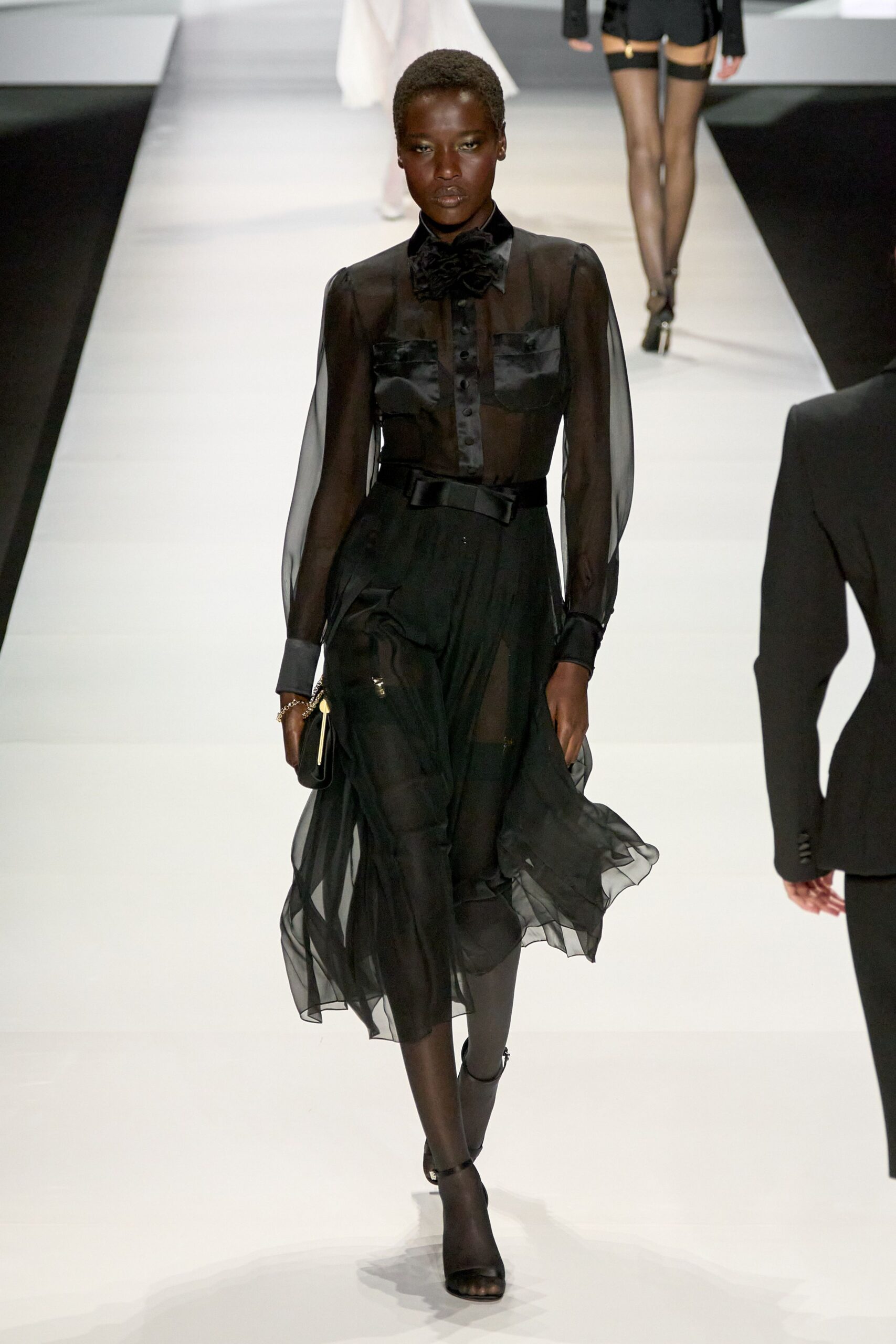 black silk long-sleeve collared fitted pleated dress