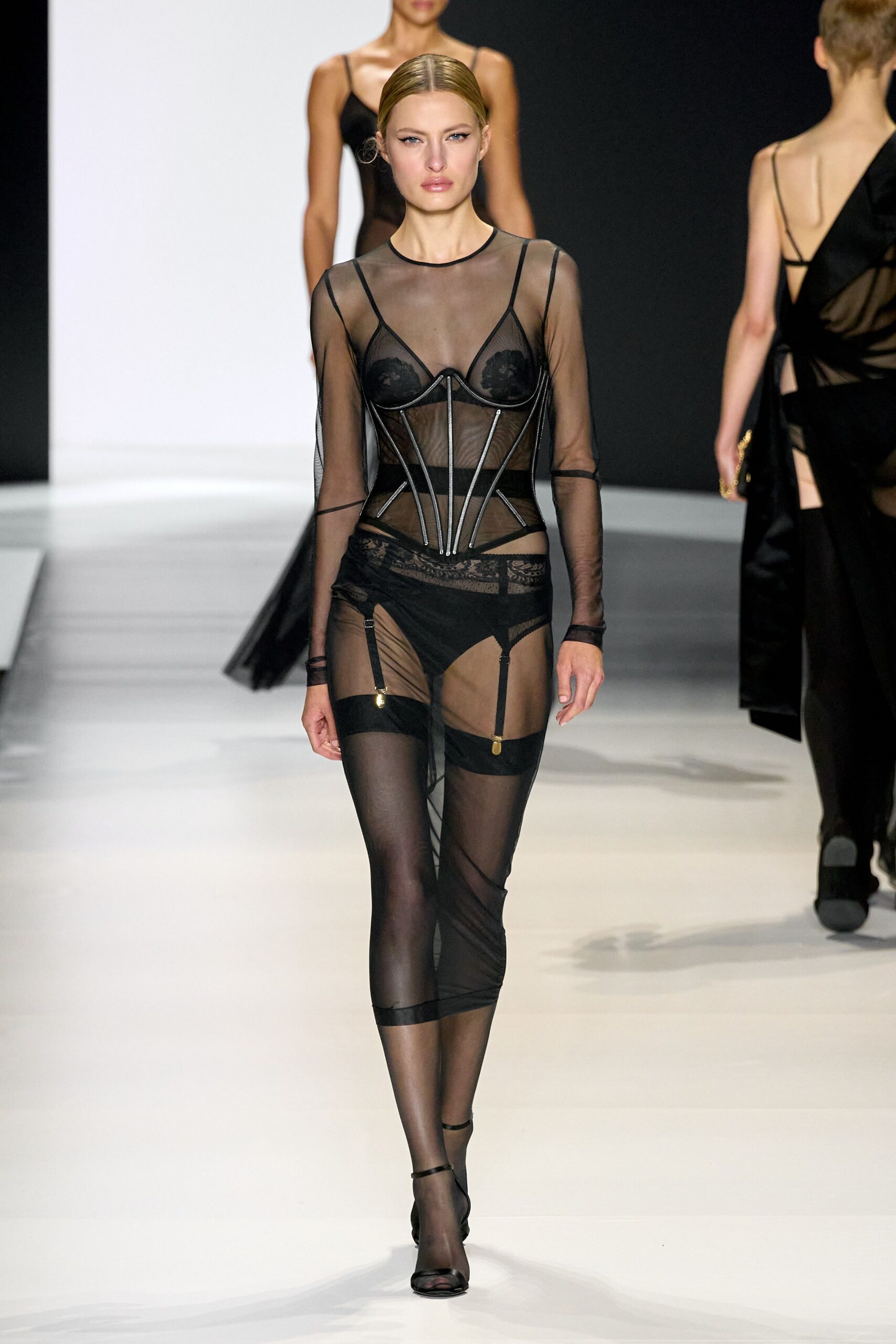 black mesh fitted ruched sheer skirt