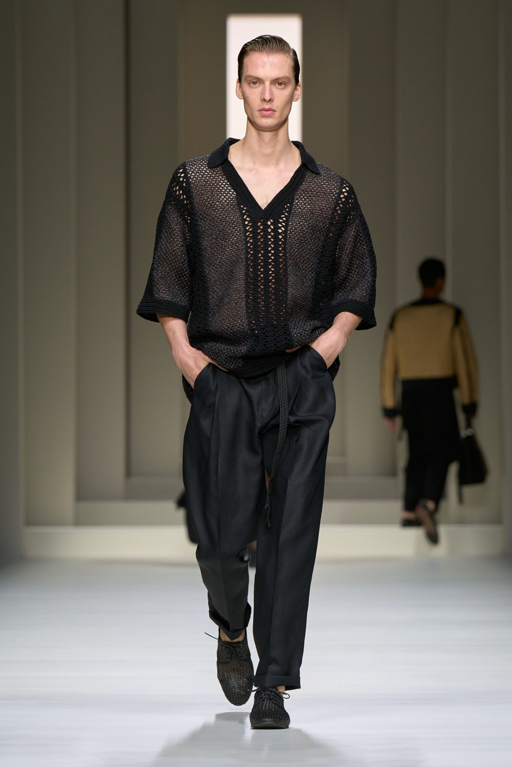 black mesh top with relaxed pants