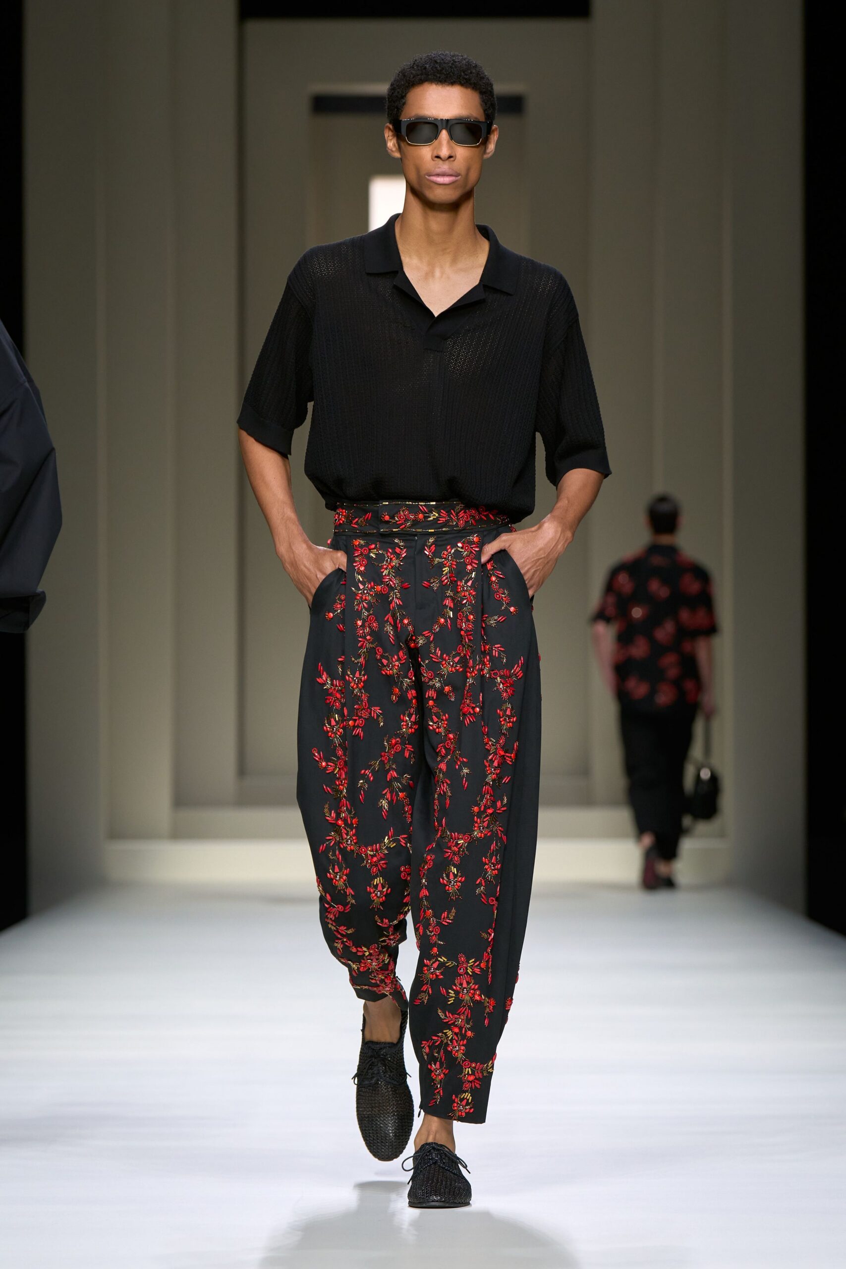 black relaxed shirt with floral pants