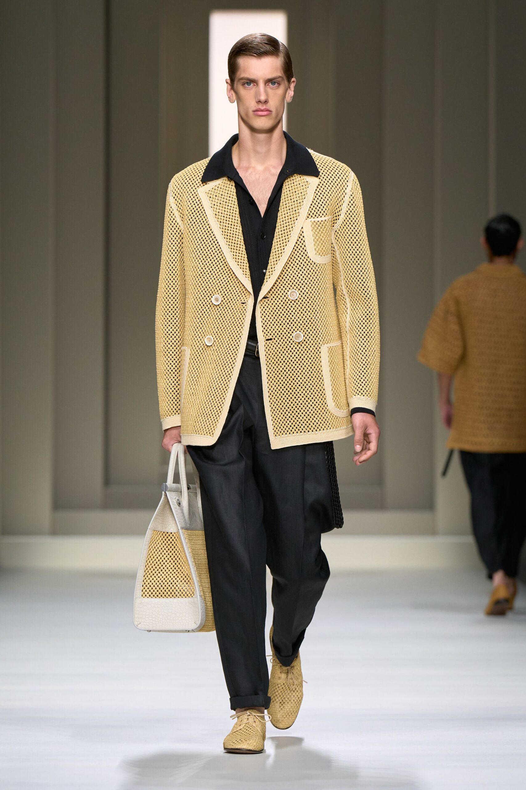 yellow mesh blazer with black shirt