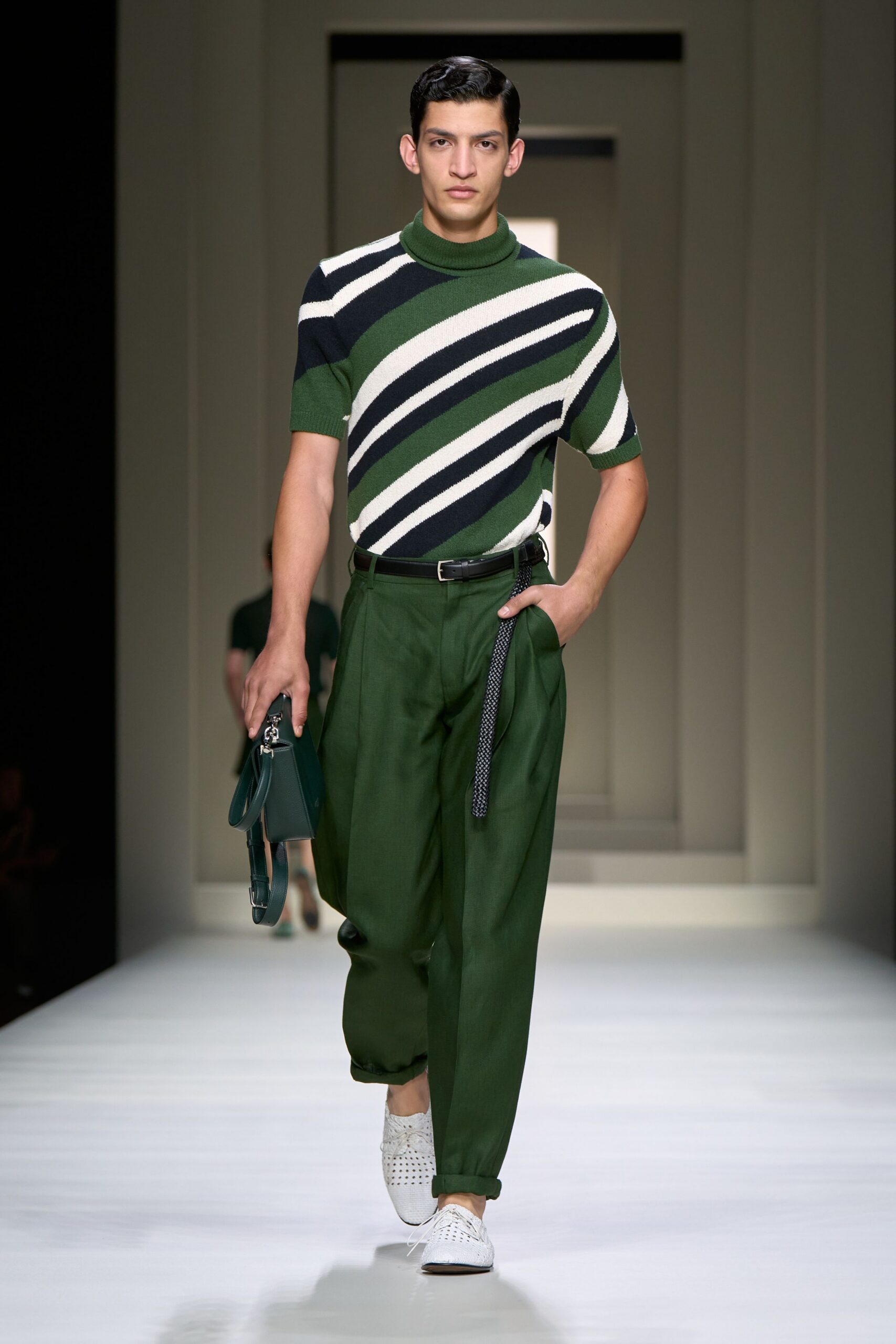 green striped fitted top with relaxed pants
