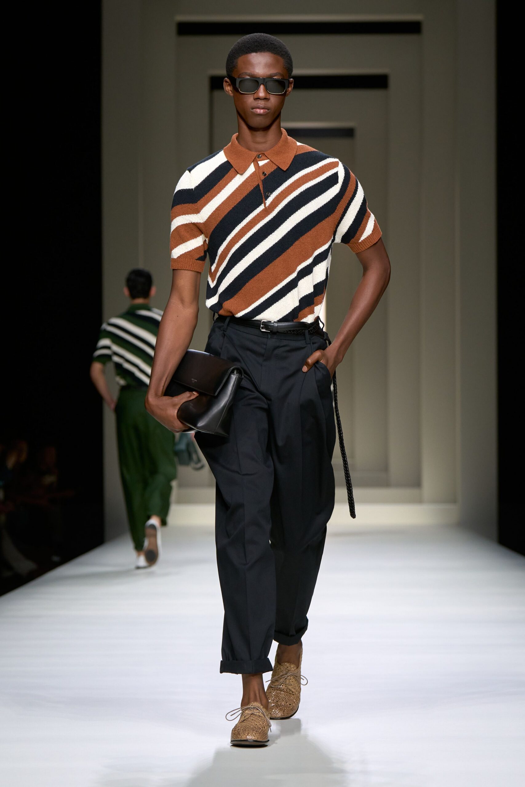 striped short-sleeve shirt with tailored pants