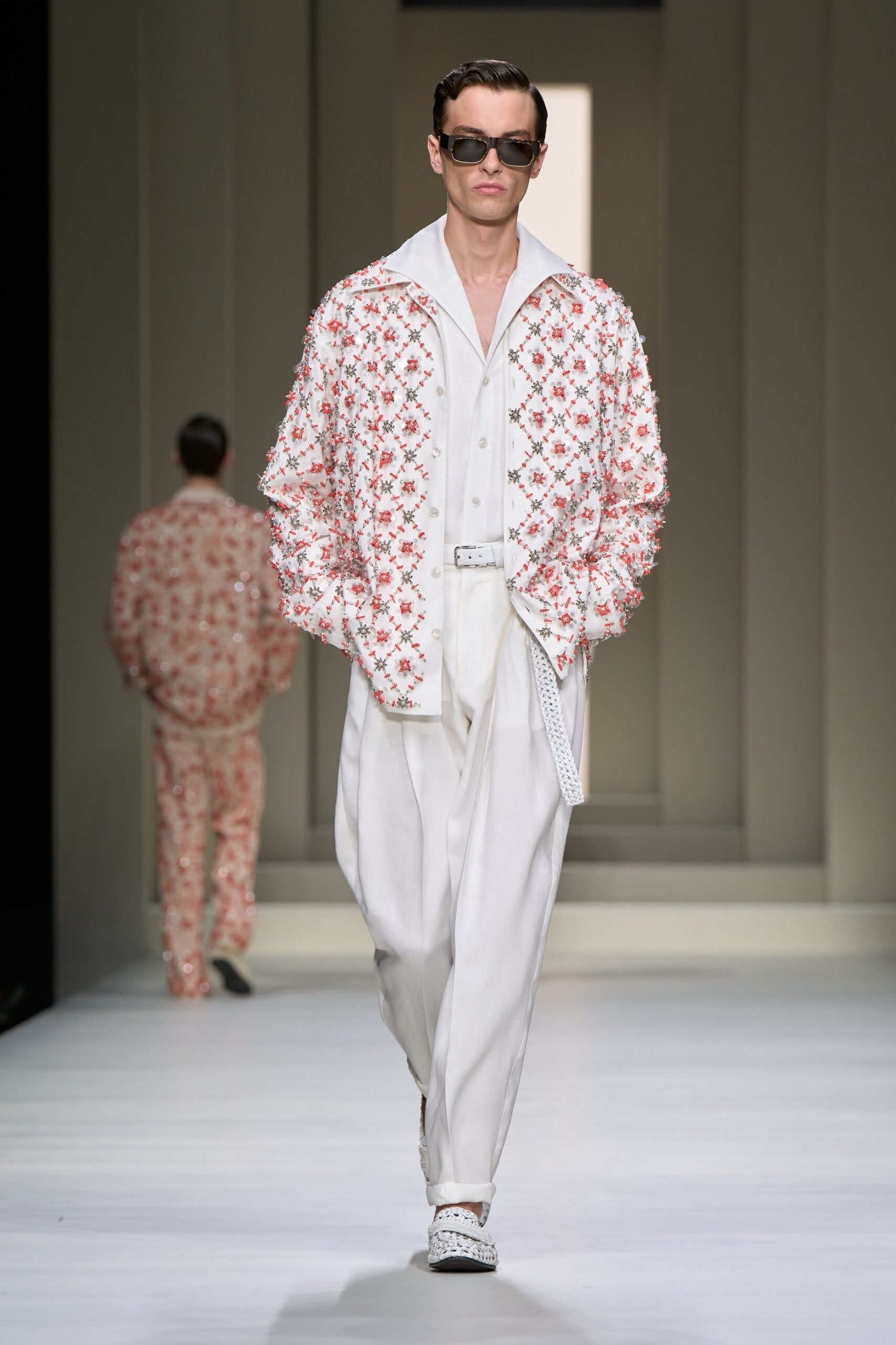 embroidered white jacket with relaxed pants