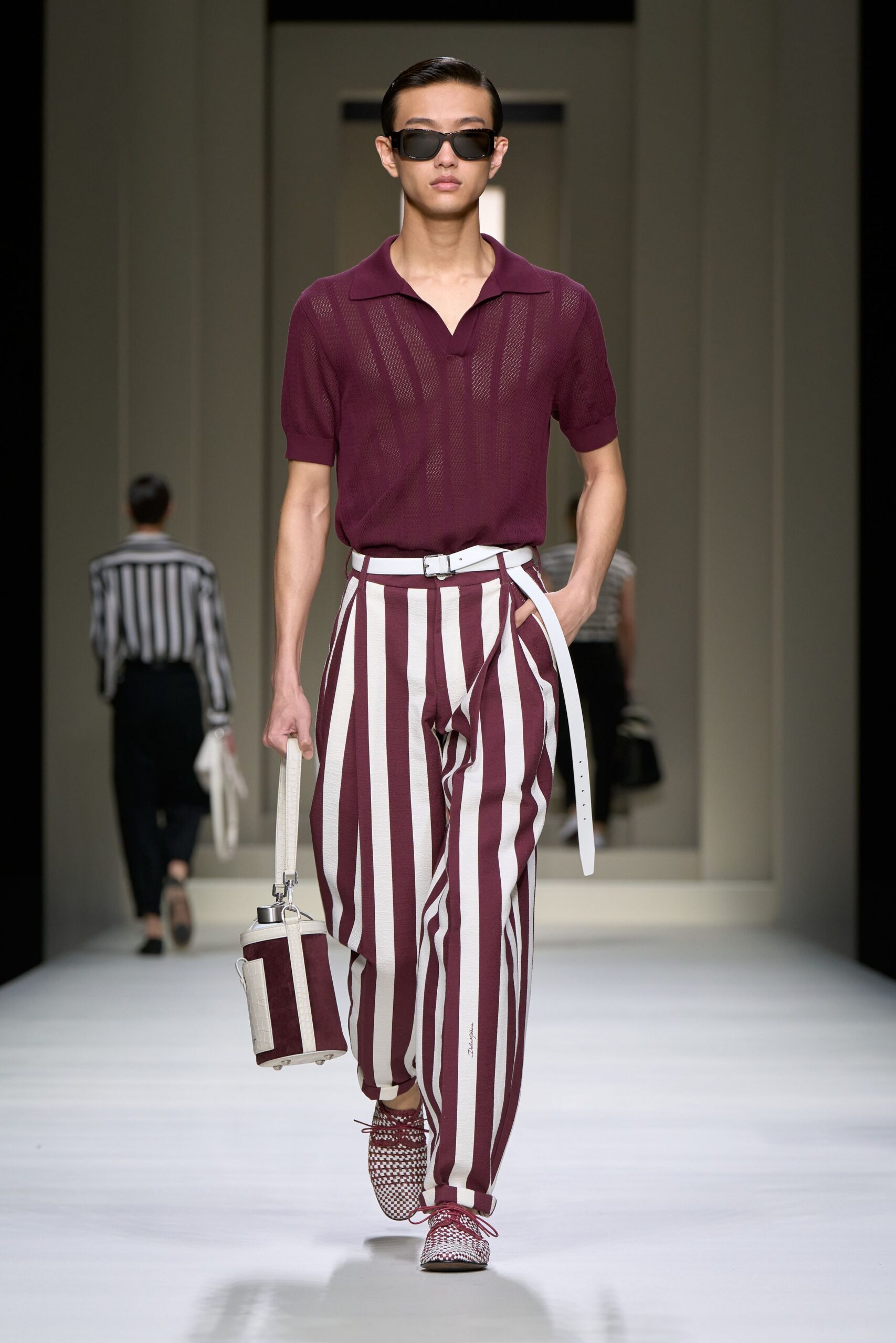 maroon fitted shirt with striped pants