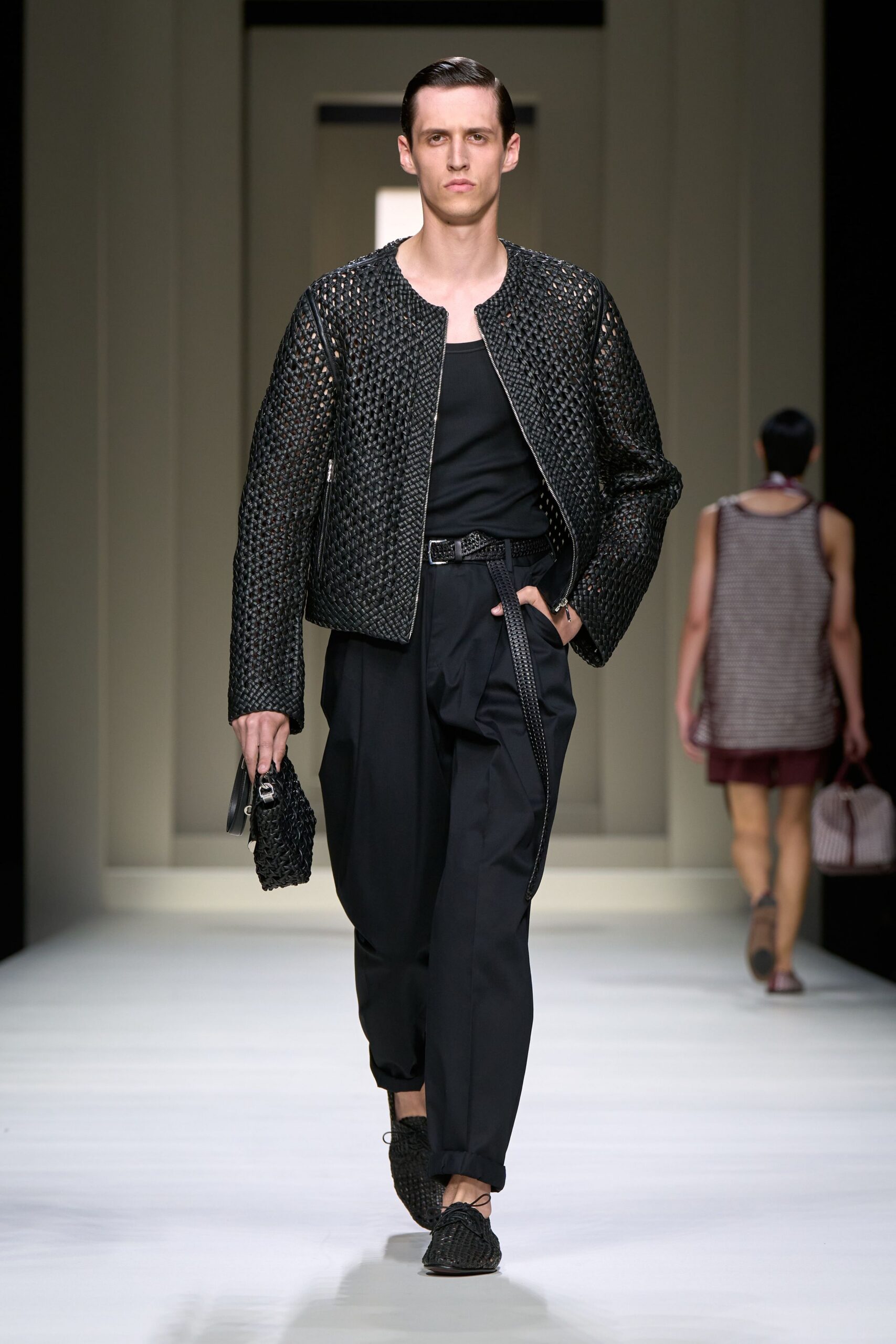 black mesh jacket with relaxed pants