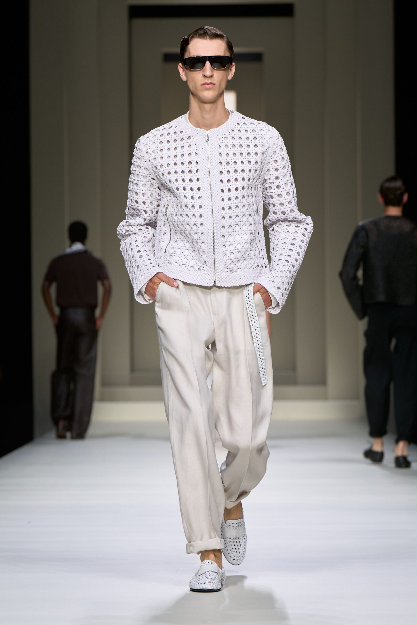 white embroidered jacket beige pants