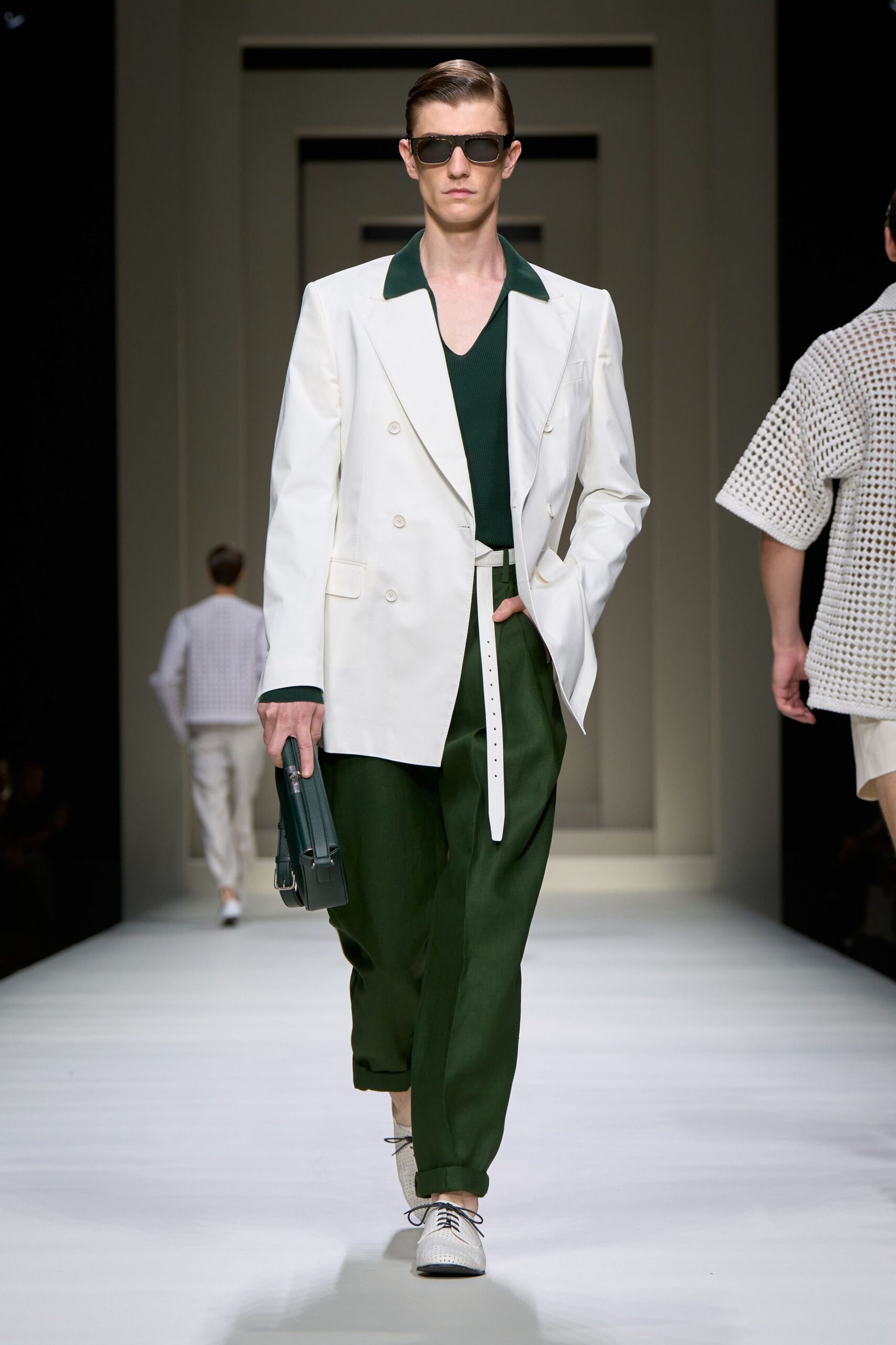 white blazer green top pants