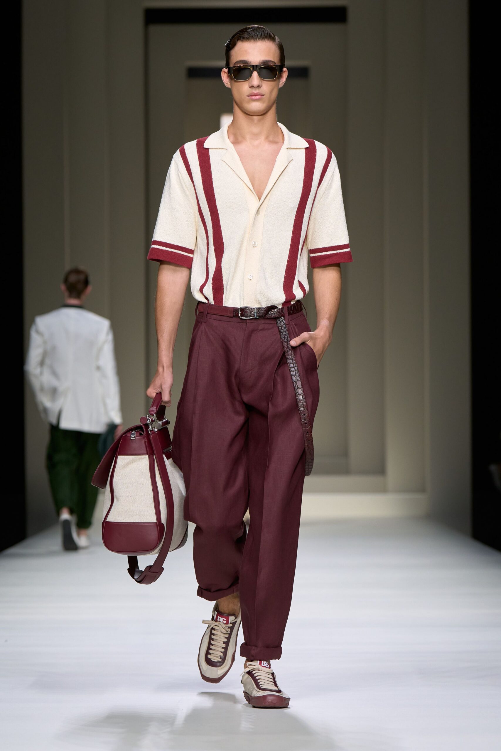 white and red striped shirt with maroon pants