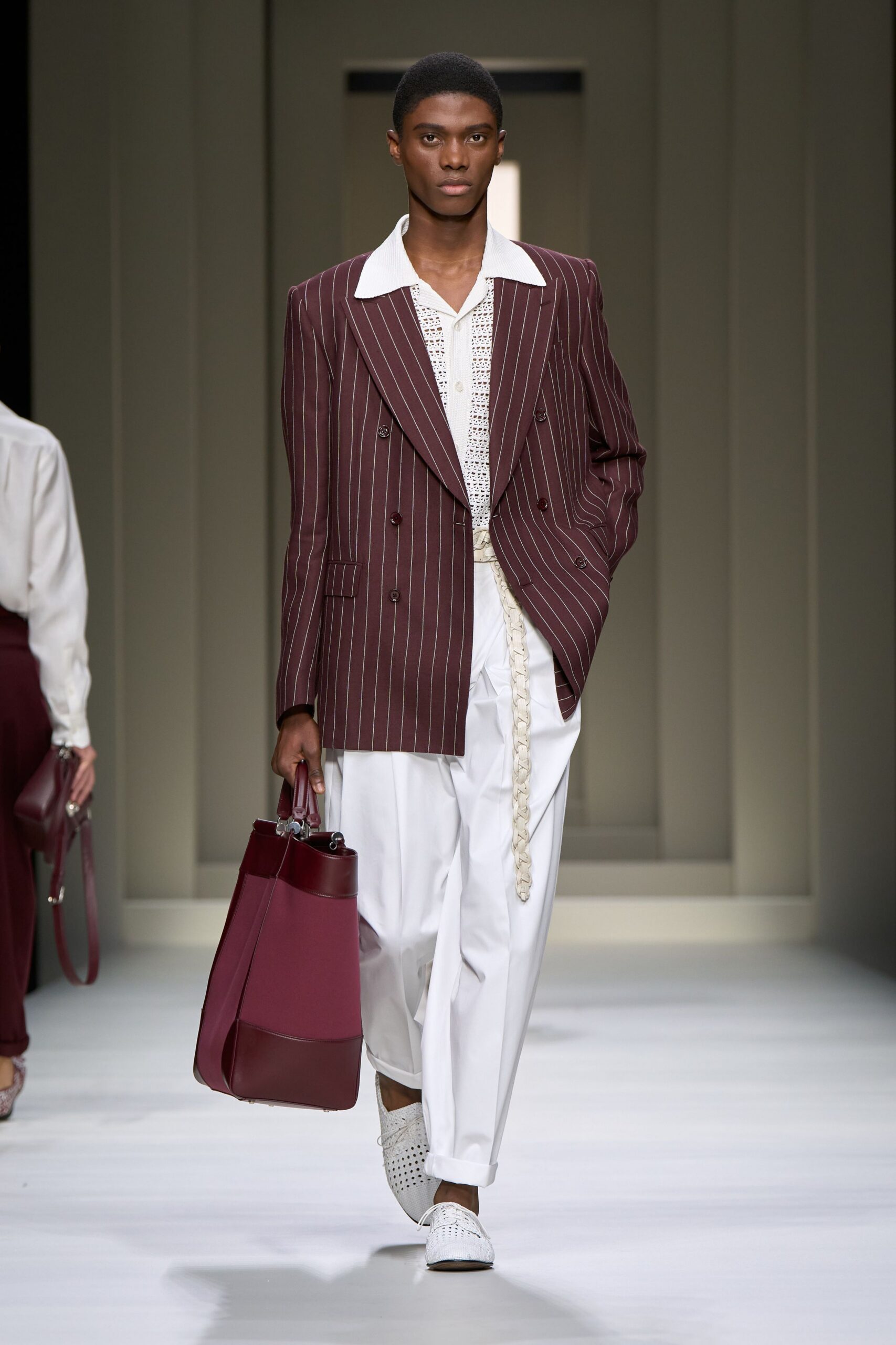 maroon striped blazer with white shirt