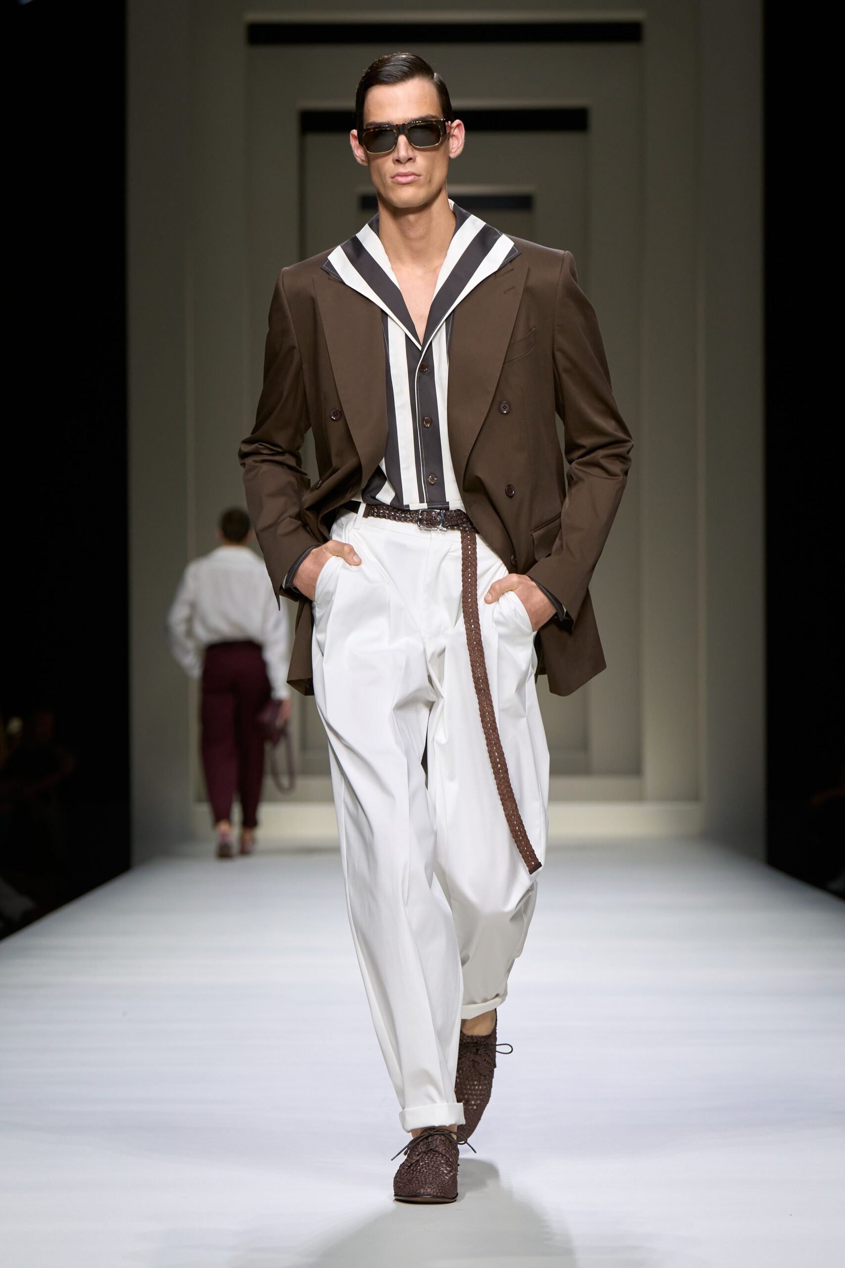brown blazer with striped shirt