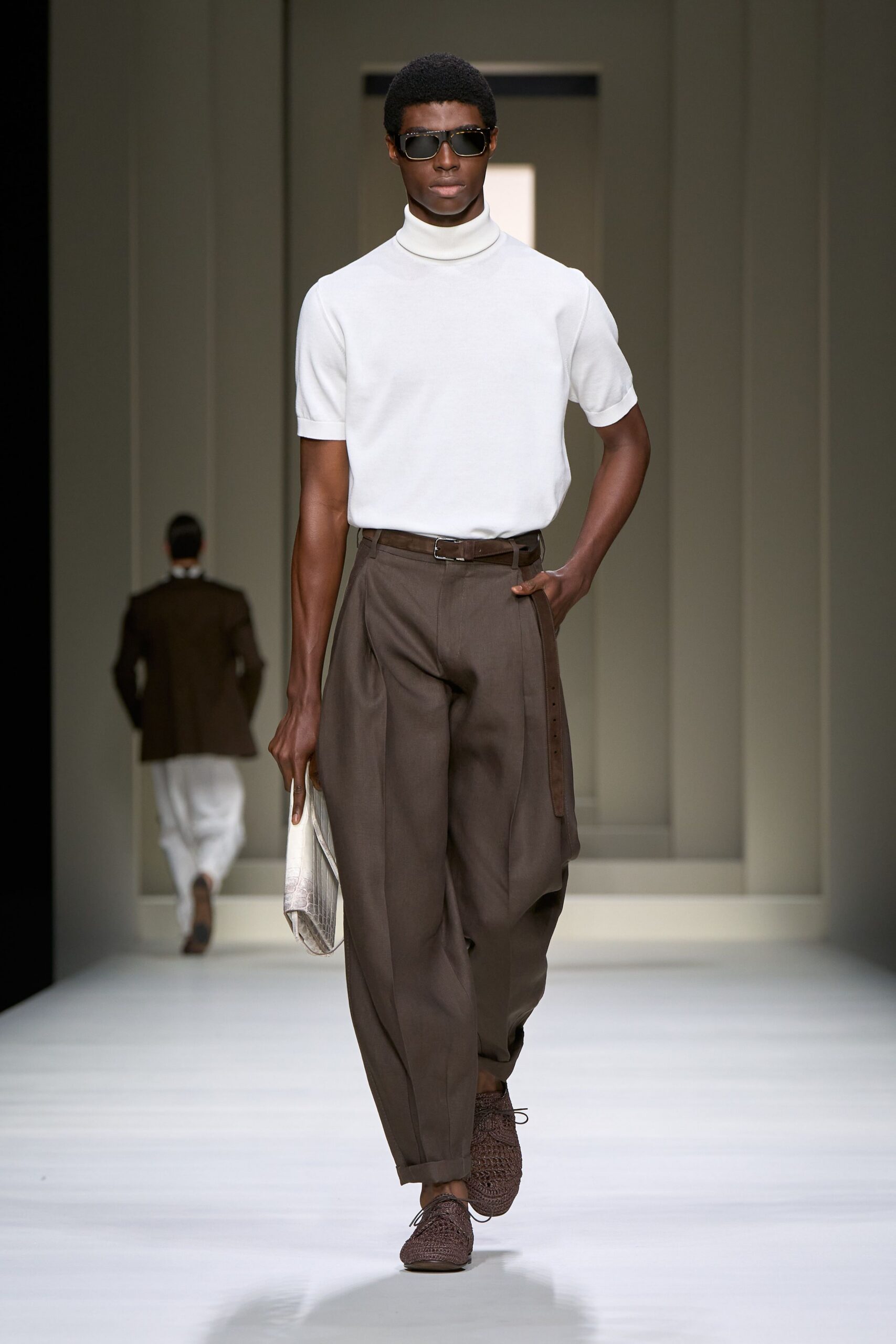 white fitted shirt brown relaxed pants
