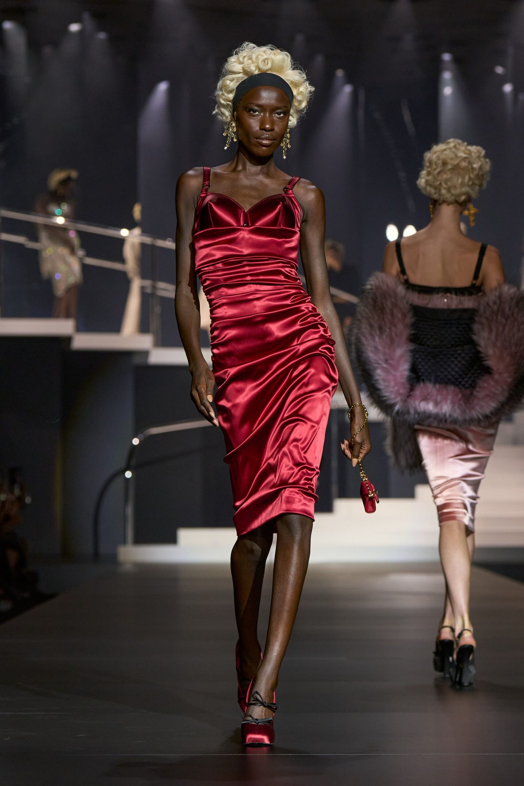 fitted red satin midi dress