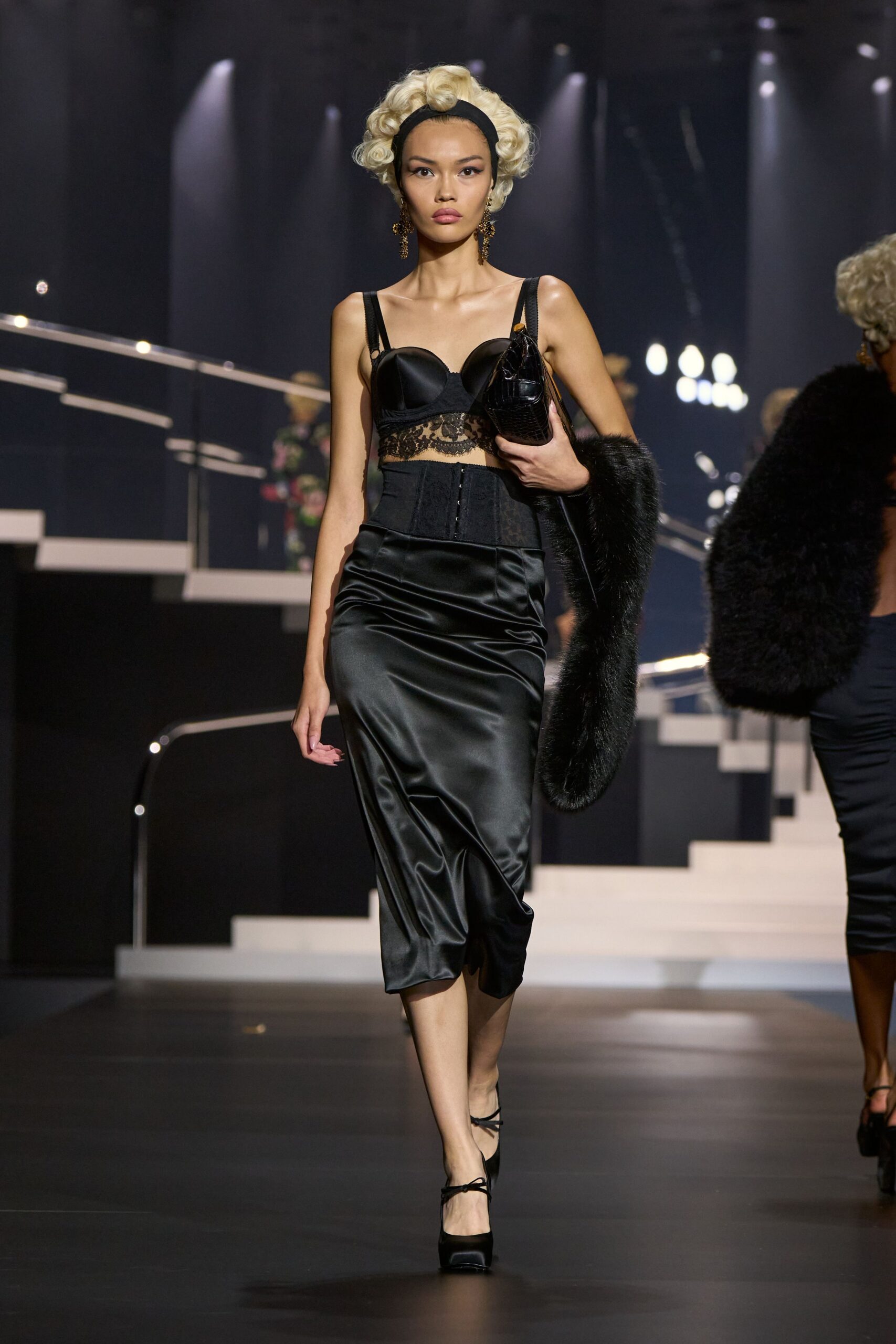 black silk fitted top and skirt