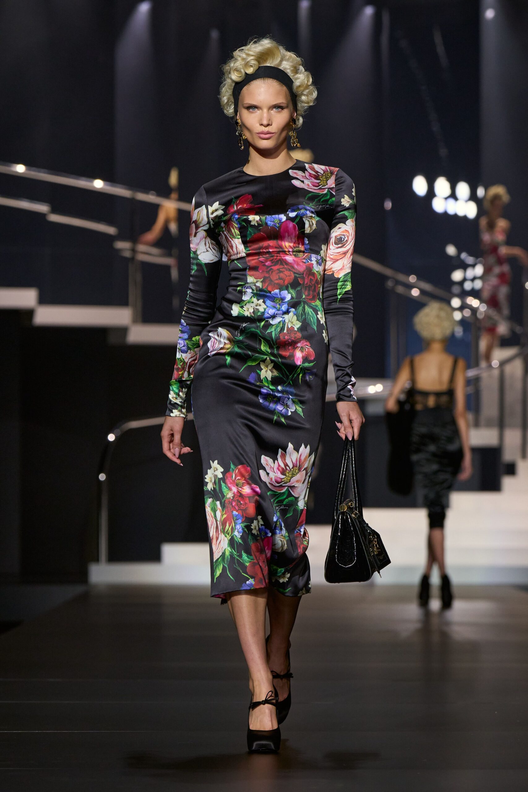 black floral midi dress with heels