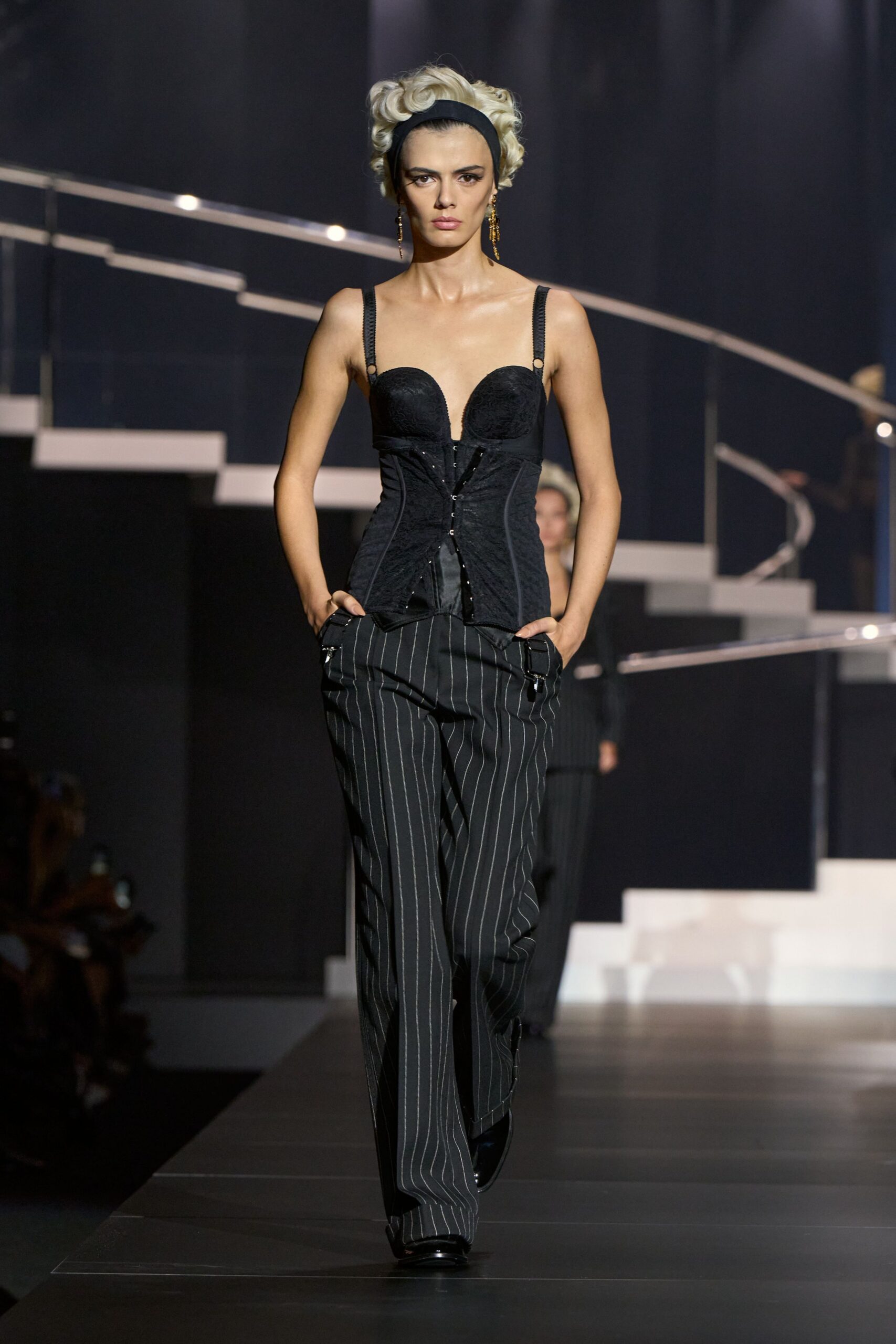 black corset with tailored pants