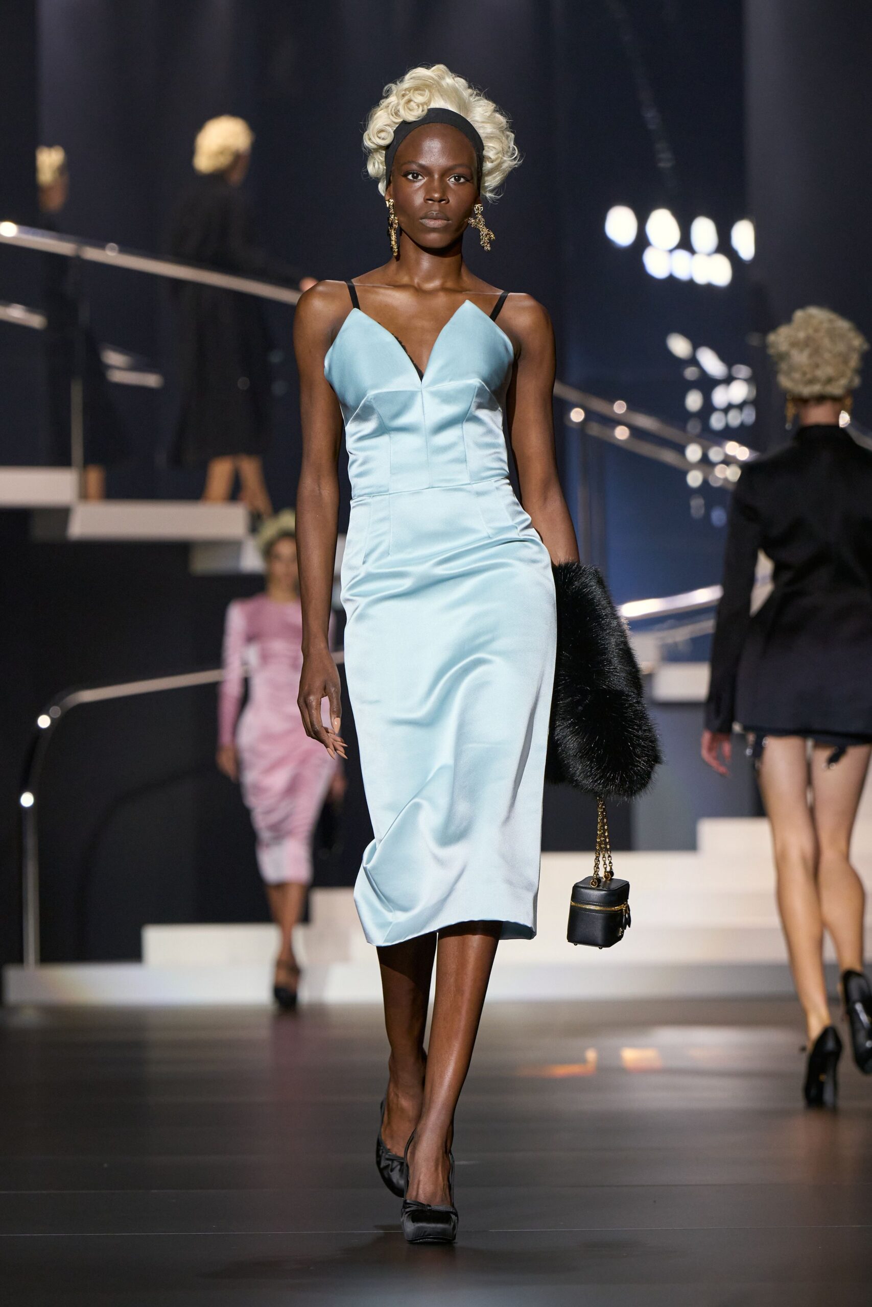 blue satin fitted midi dress