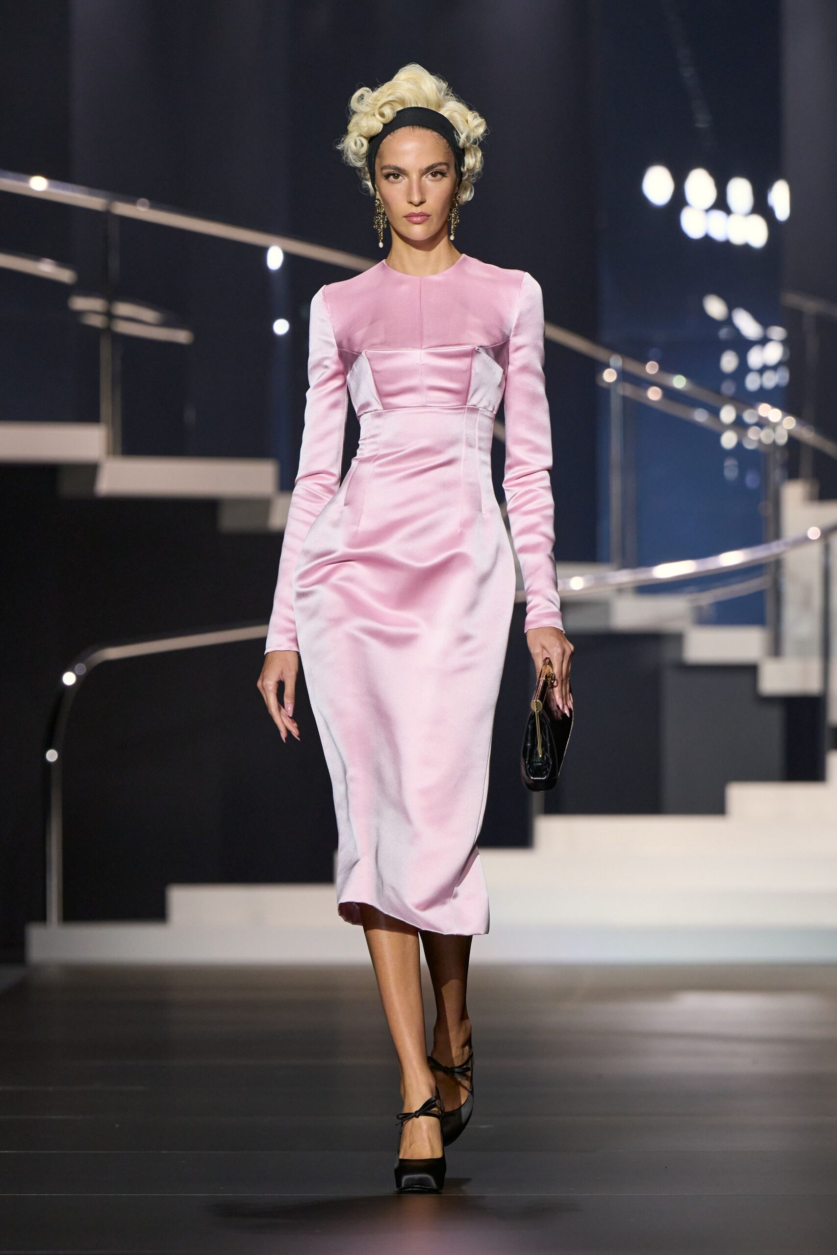 pink satin fitted midi dress