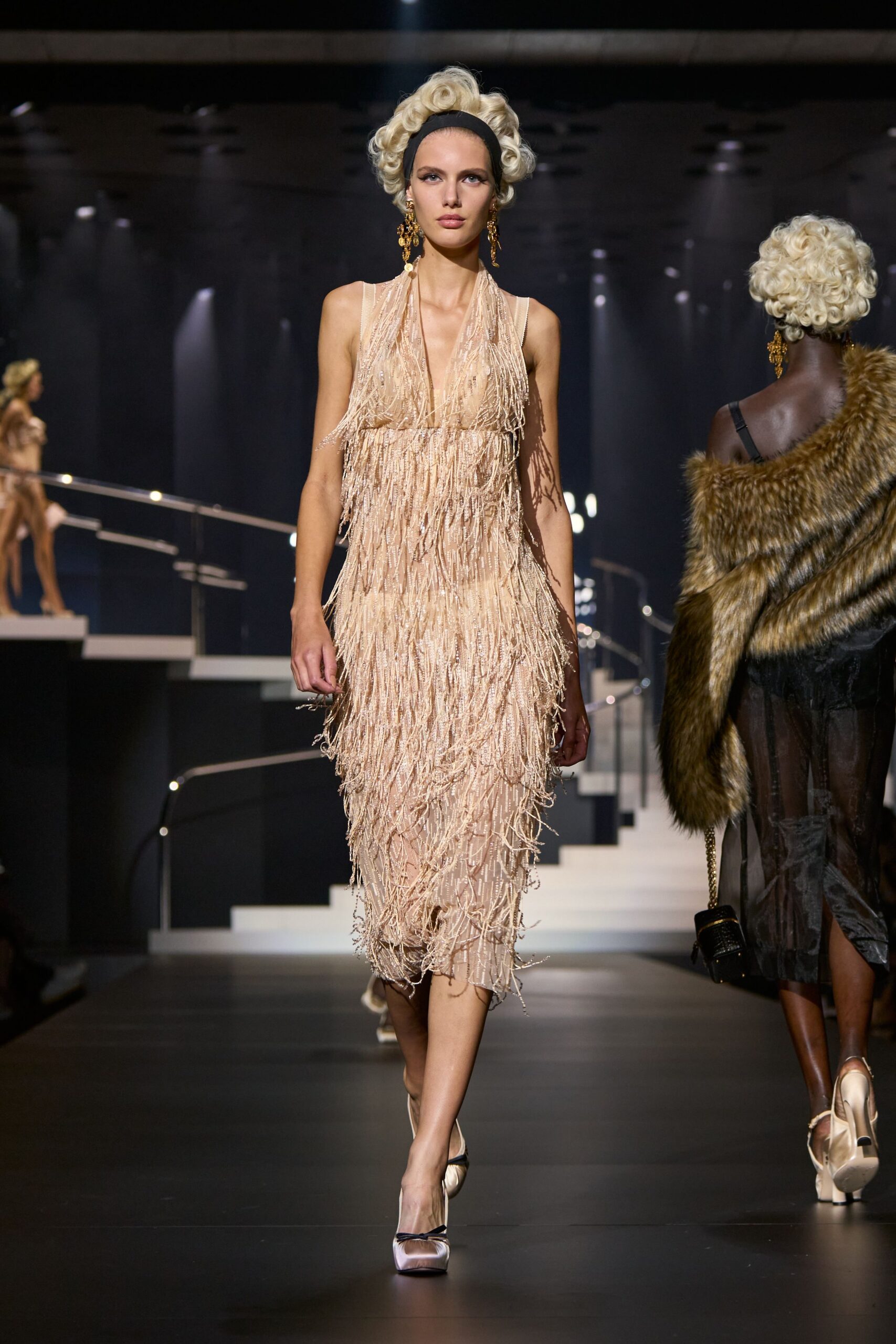 beige fringed midi dress
