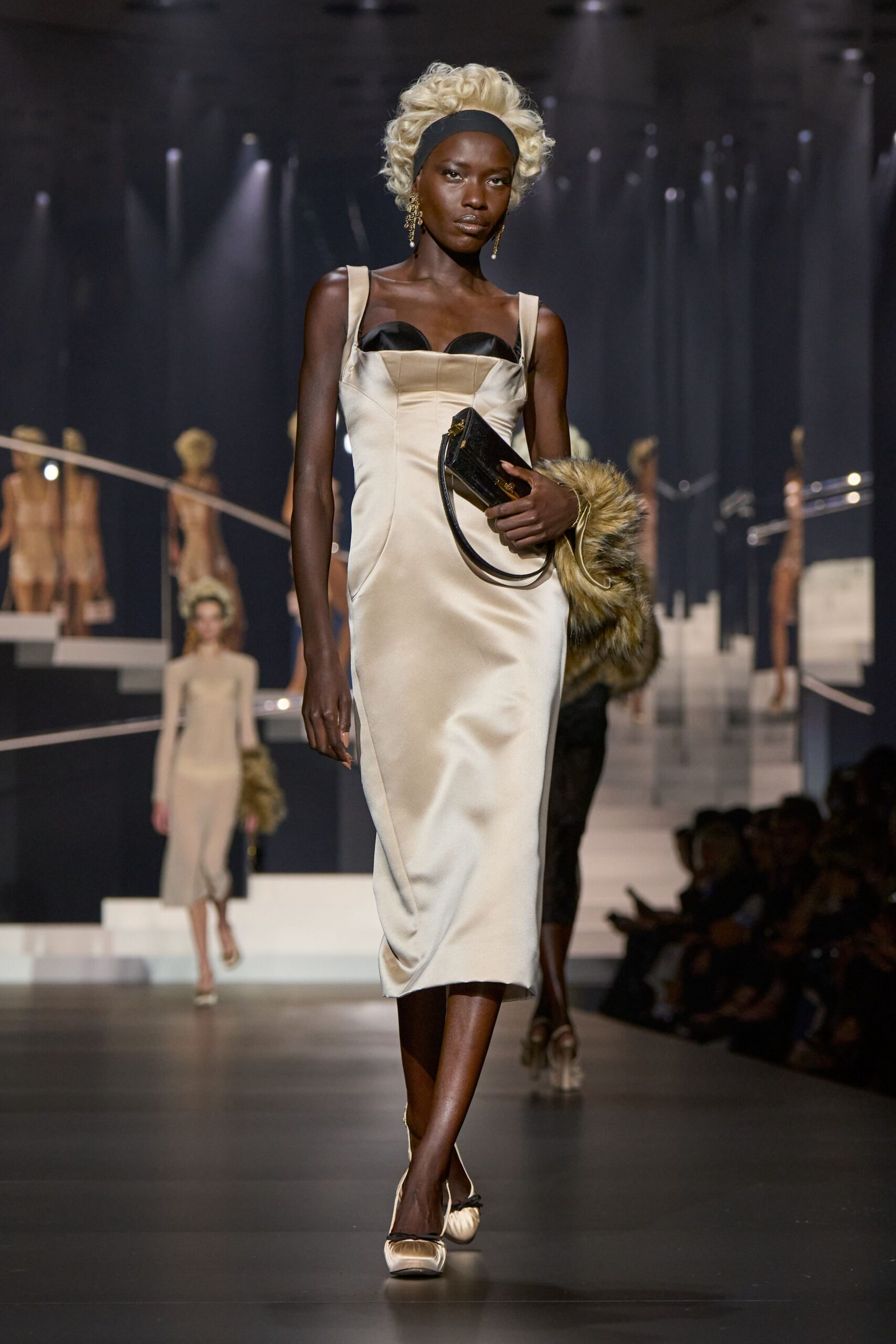 beige silk fitted midi dress