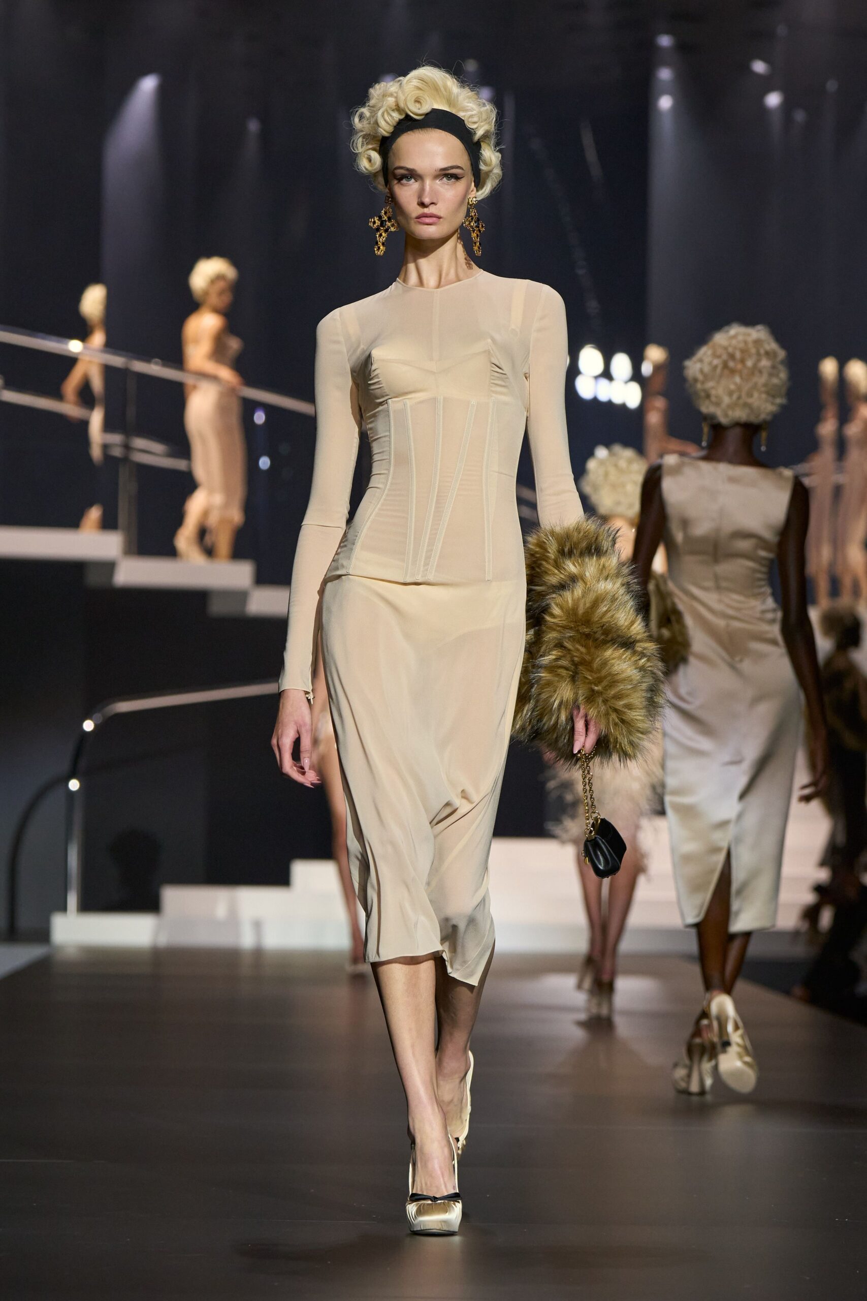 beige fitted long-sleeve dress