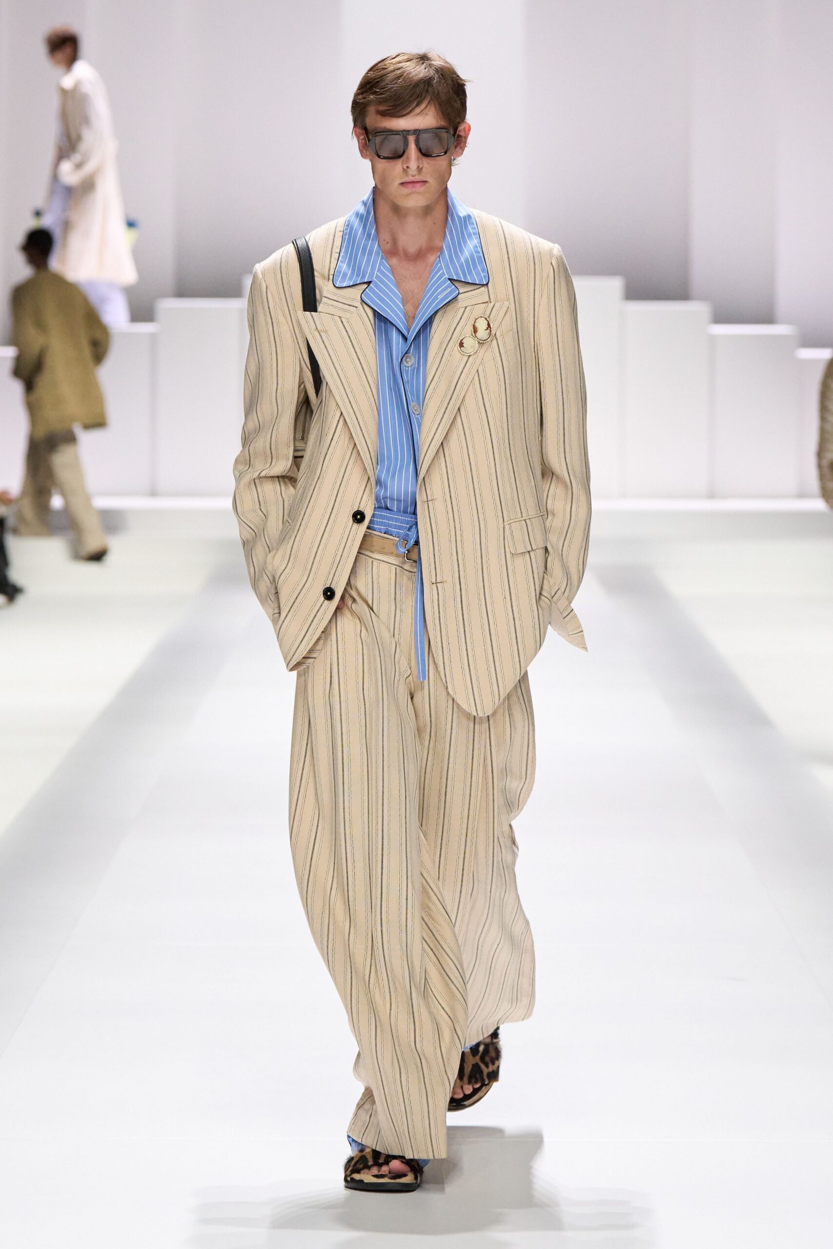 beige striped tailored suit
