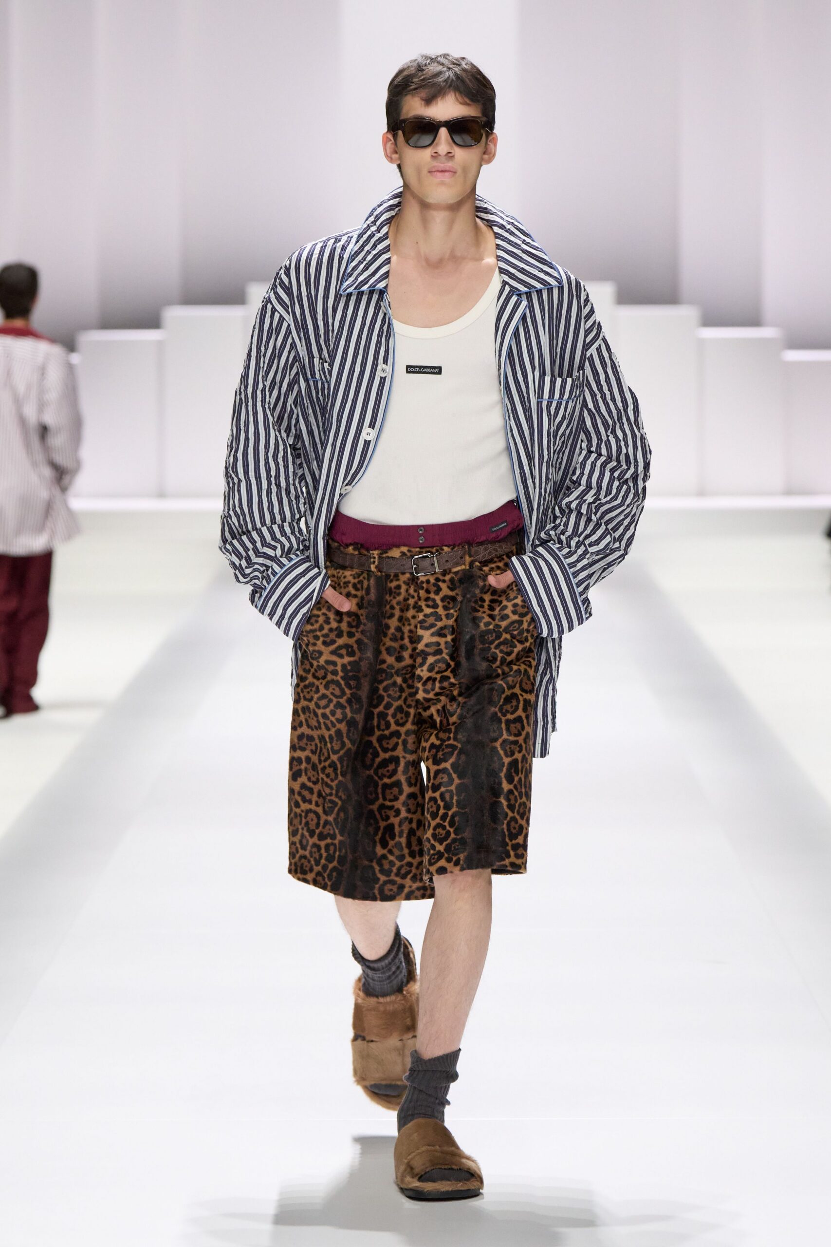 relaxed striped shirt with animal-print shorts