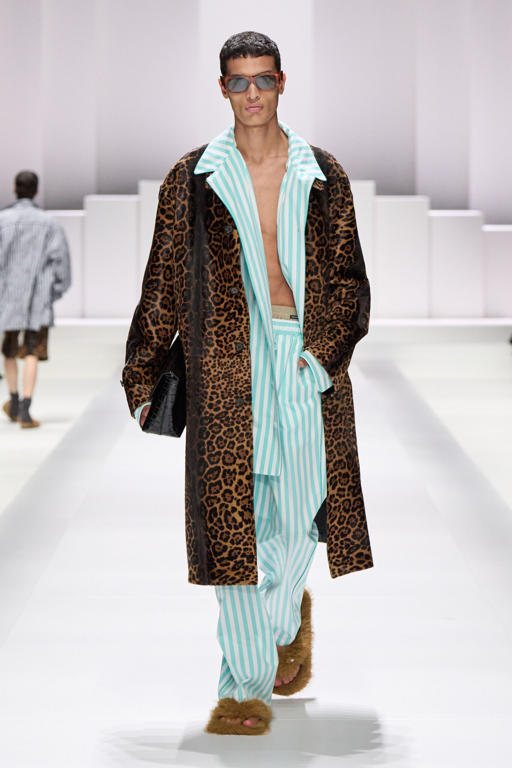 leopard print coat with striped shirt and pants