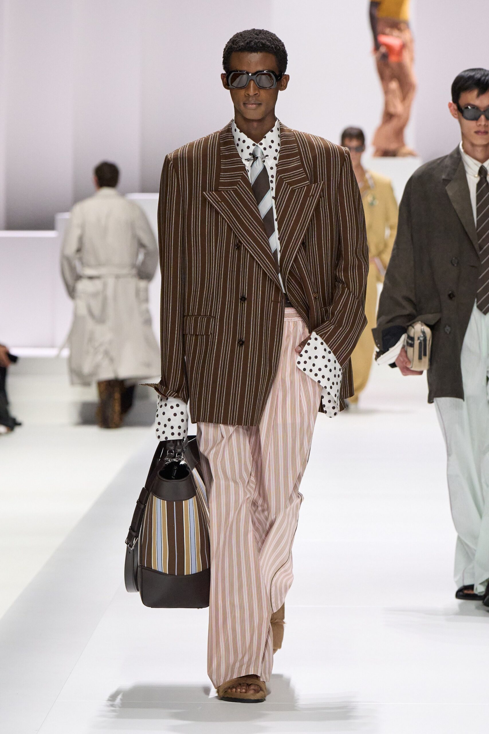 brown striped blazer with pink pants