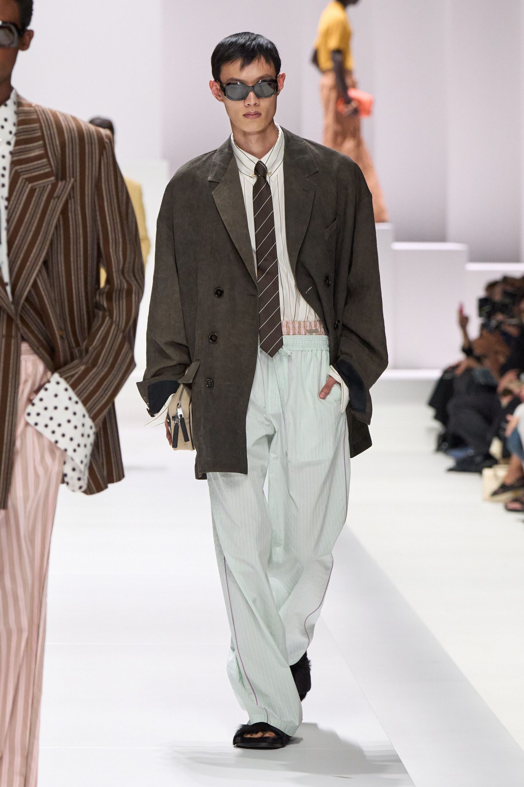 brown structured blazer with striped shirt