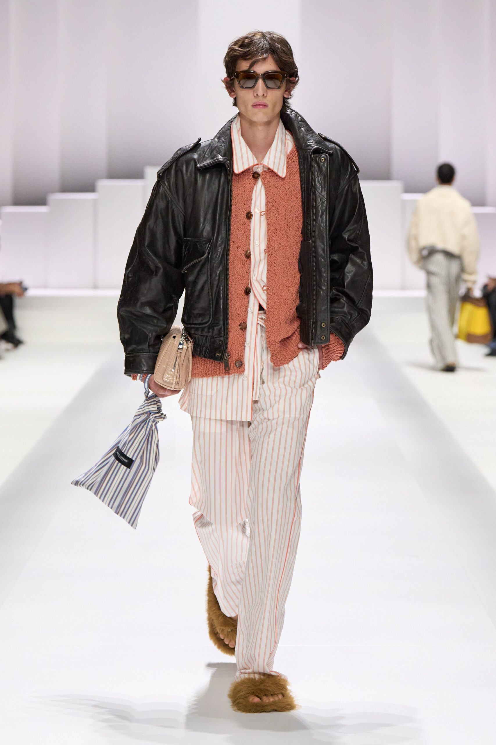 black leather jacket with striped shirt