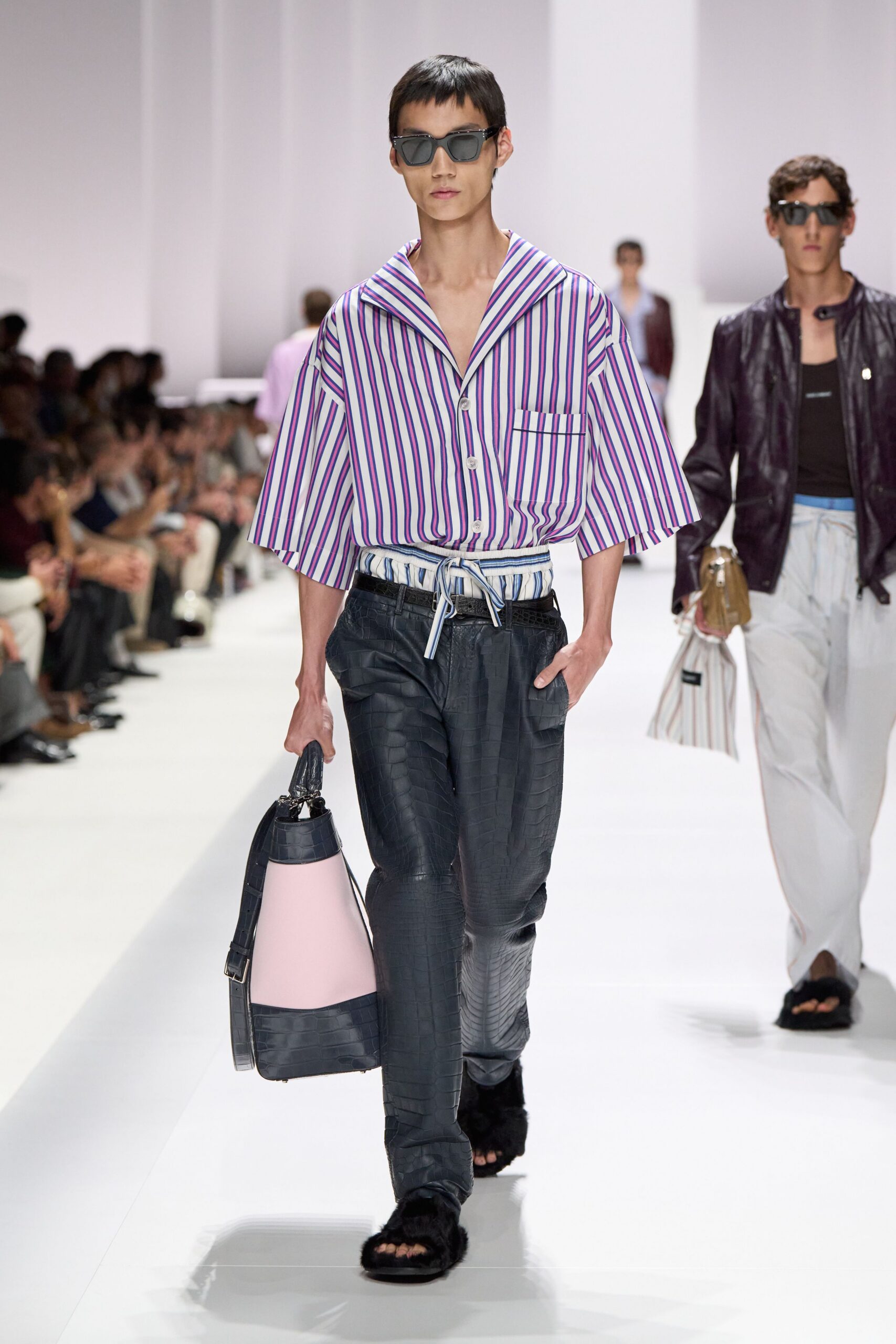 relaxed striped shirt with gray pants
