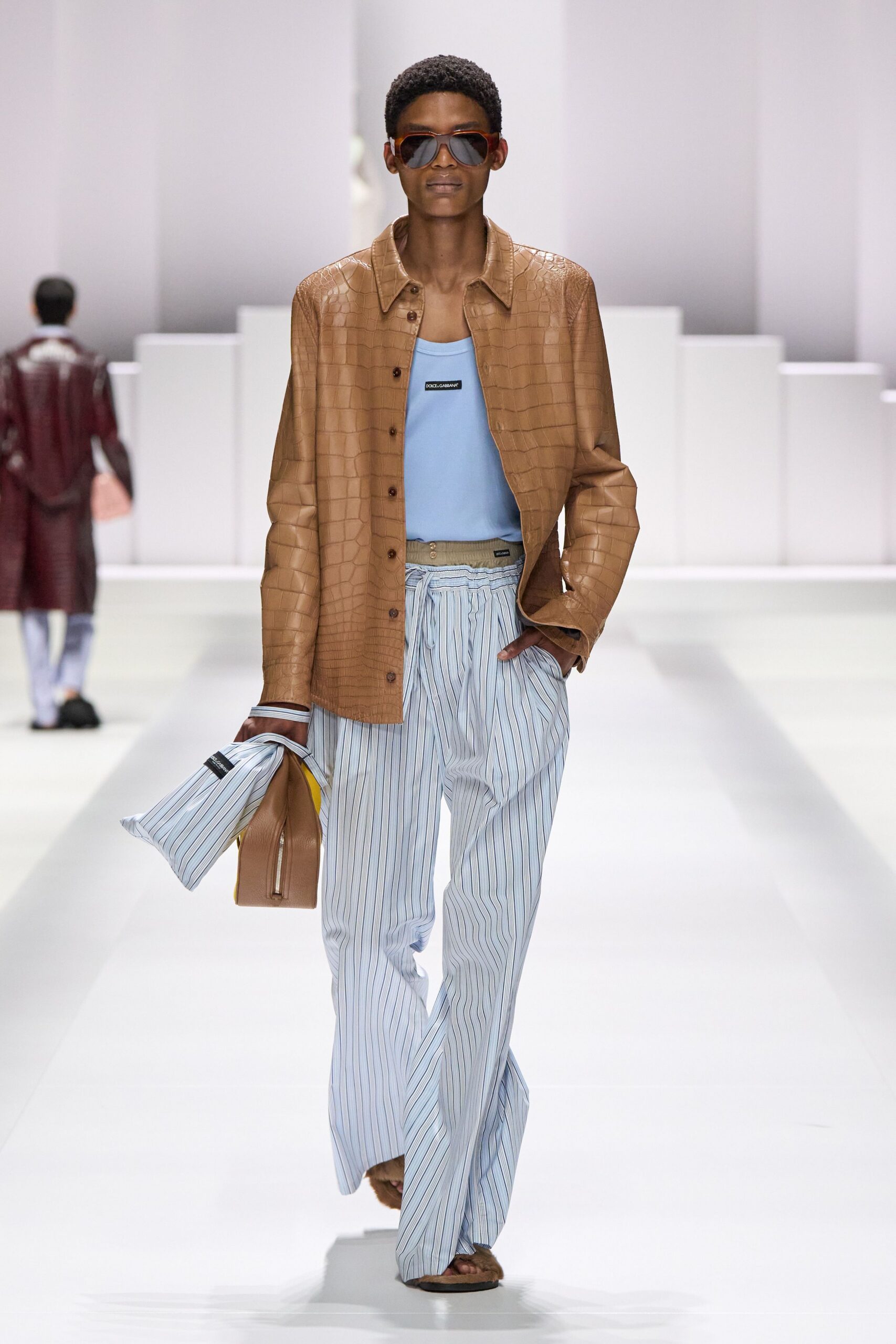 brown leather long-sleeve collared structured textured jacket