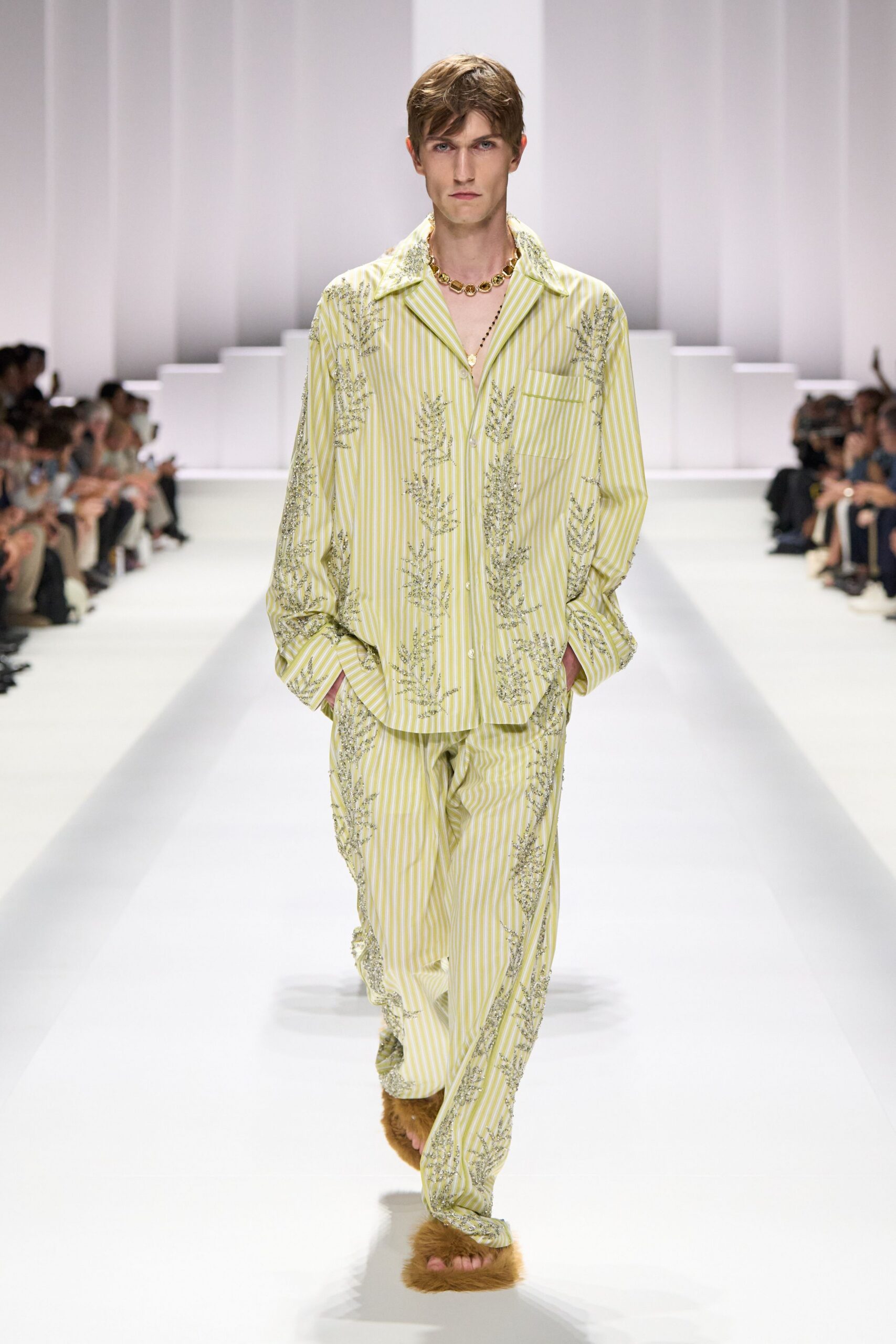 yellow cotton long-sleeve collared relaxed striped embroidered shirt