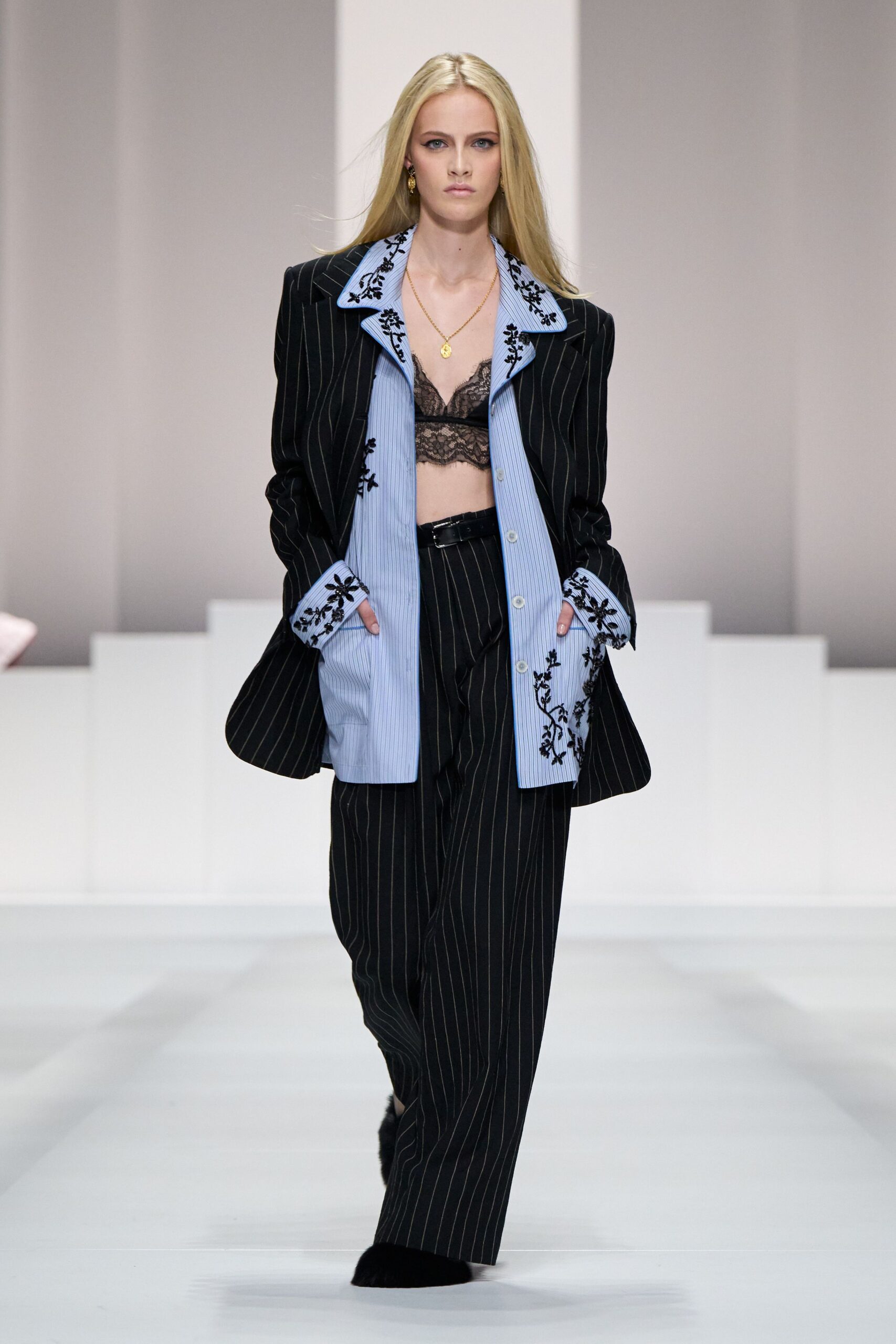 black cotton long-sleeve collared tailored striped embroidered blazer