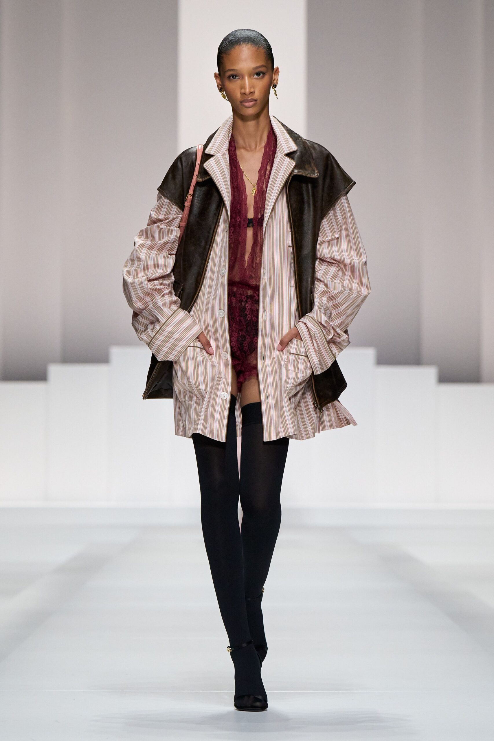 brown leather long-sleeve collared relaxed striped jacket