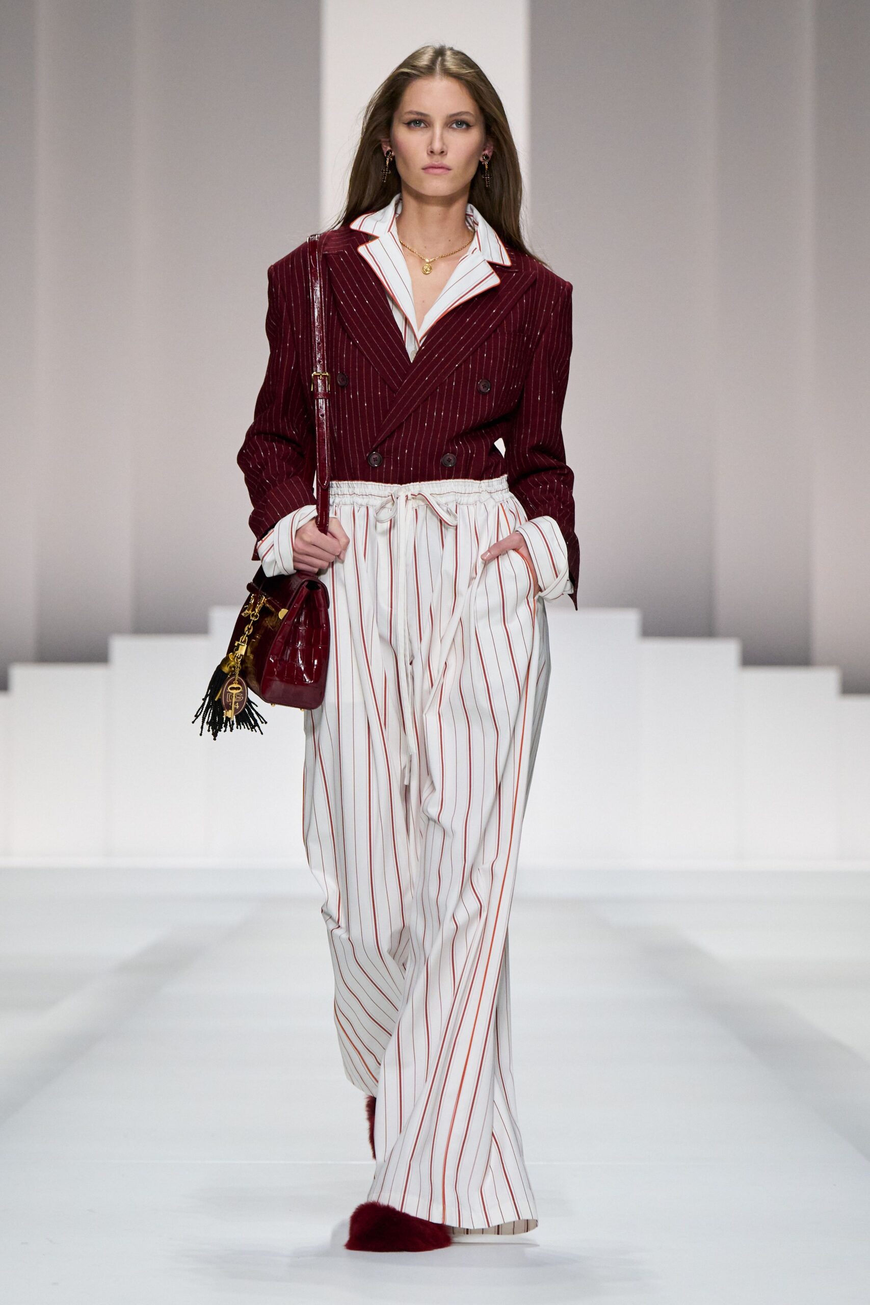 red cotton long-sleeve collared tailored striped blazer