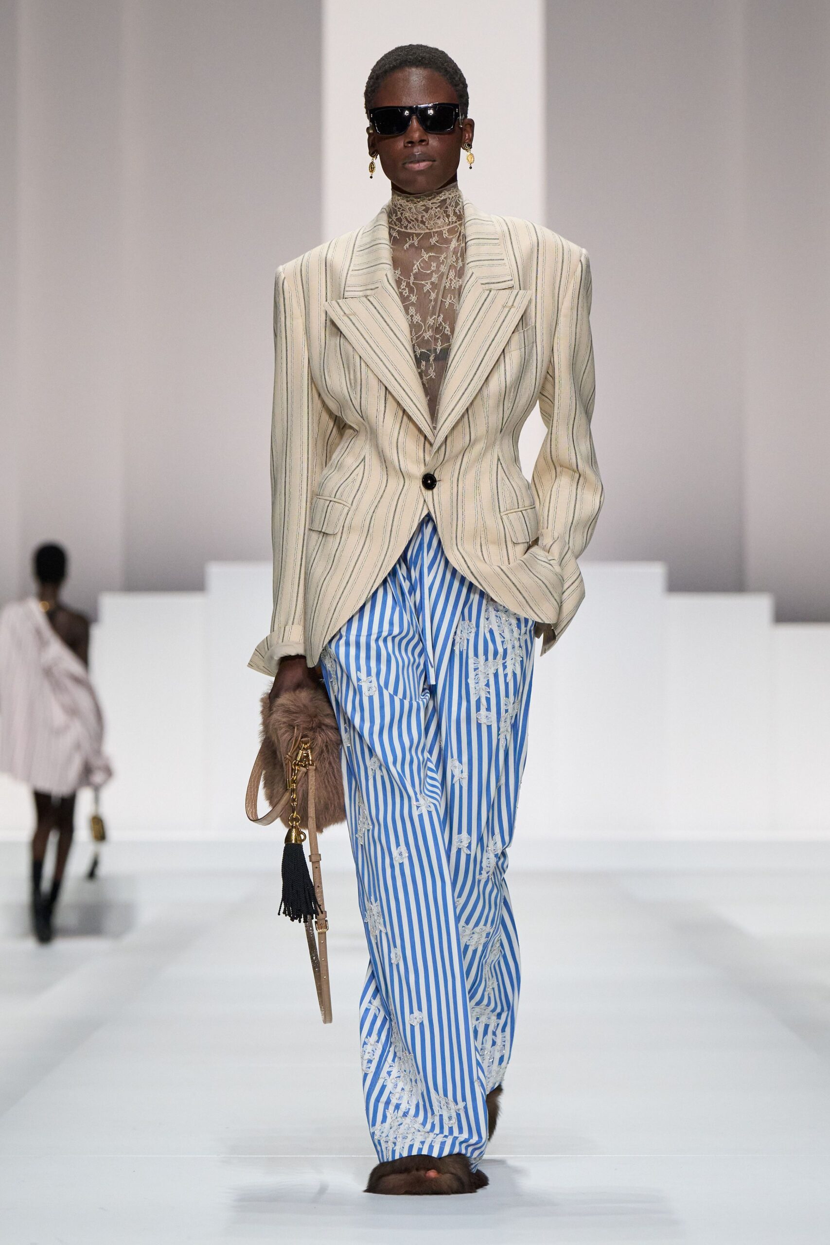 beige striped blazer with lace top