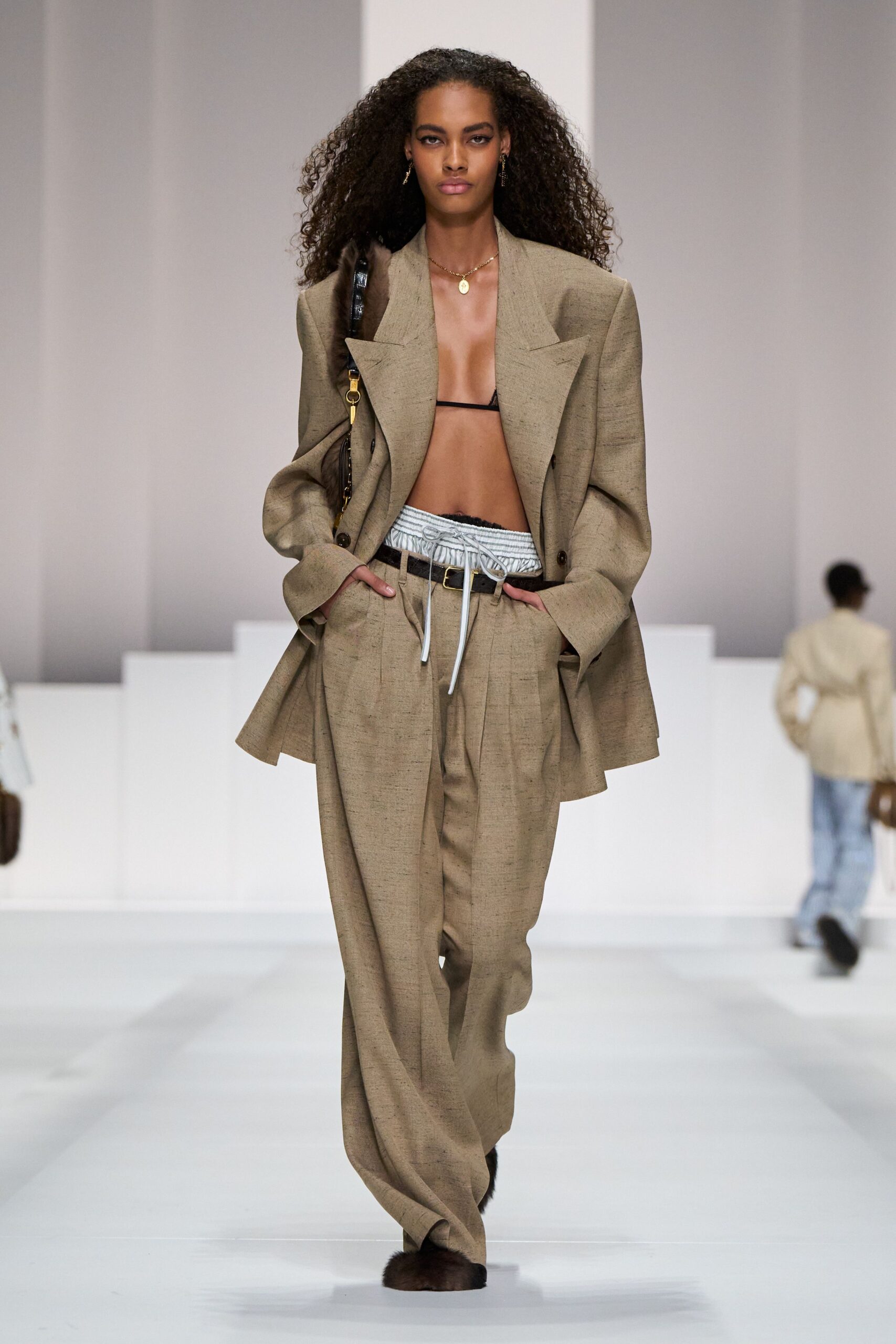 beige linen long-sleeve collared oversized buttoned blazer