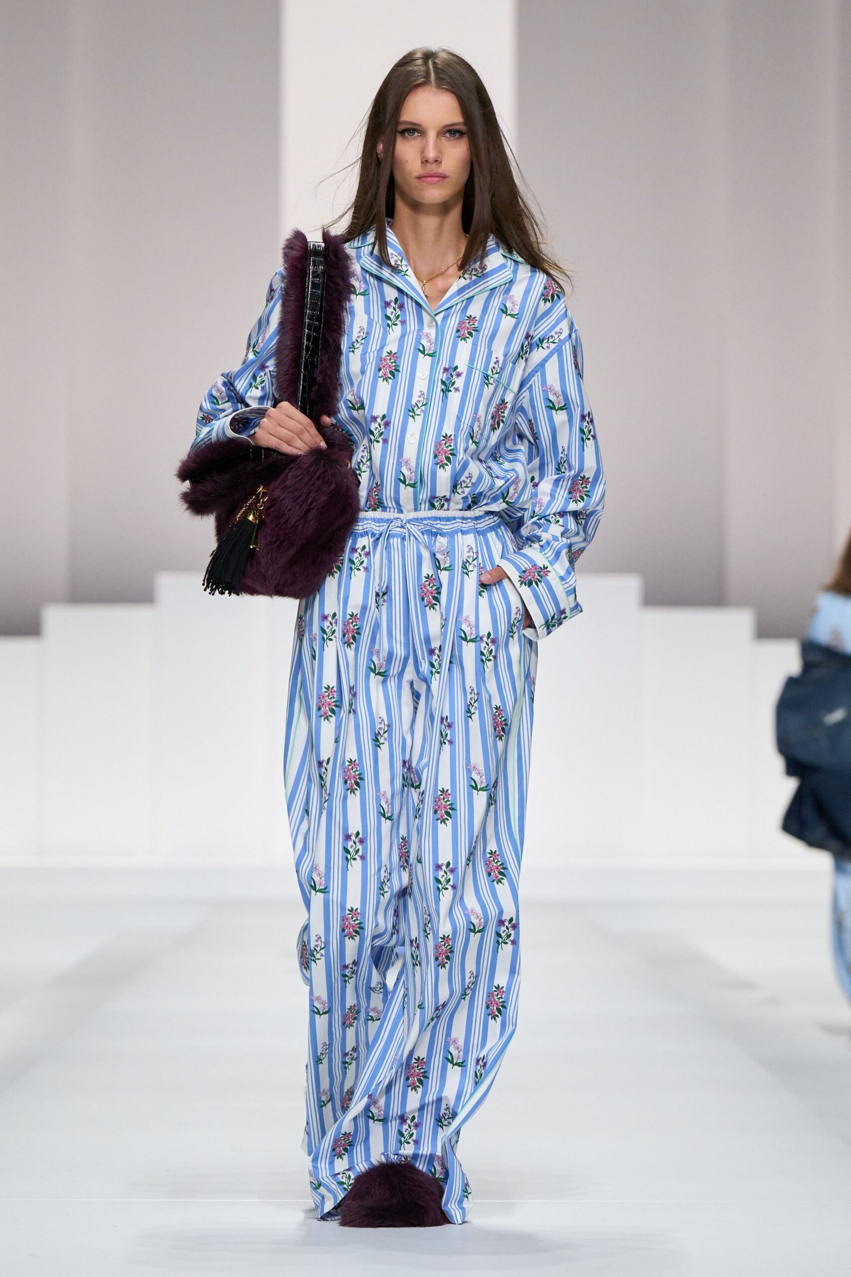 blue cotton long-sleeve collared relaxed striped embroidered jumpsuit