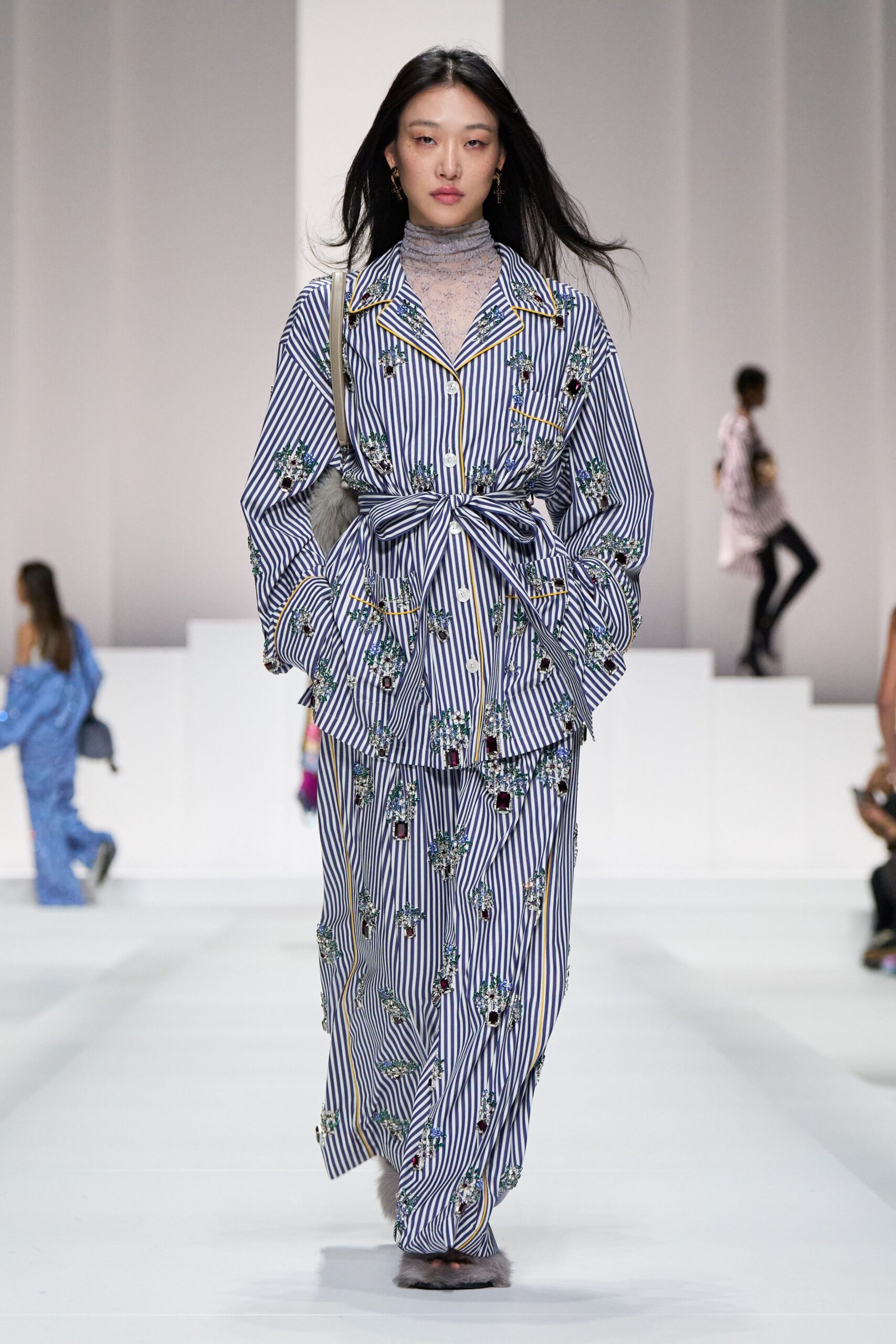 blue cotton long-sleeve collared relaxed striped embroidered dress