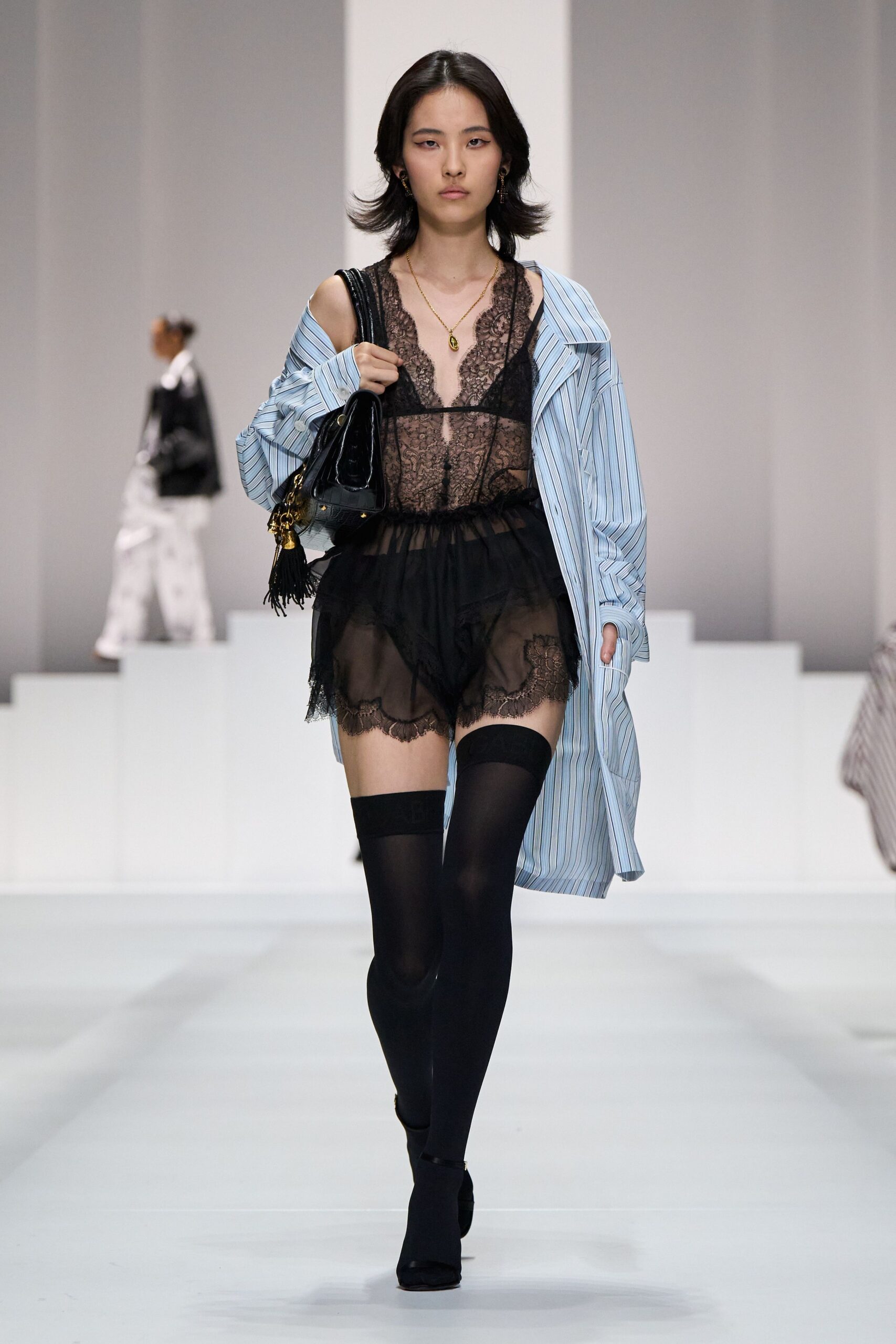 blue striped shirt black lace bodysuit