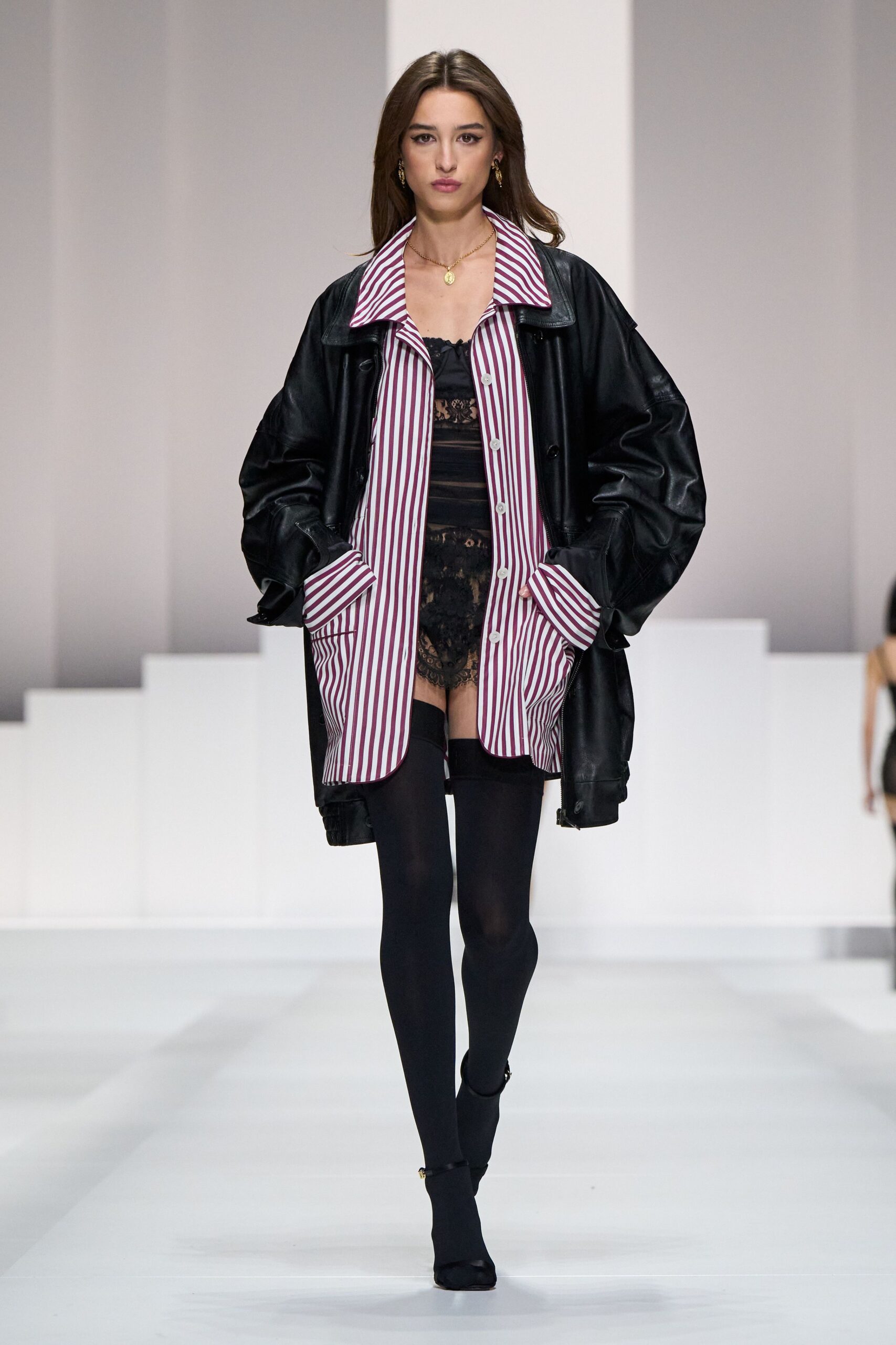 black leather long-sleeve collared oversized striped pockets coat