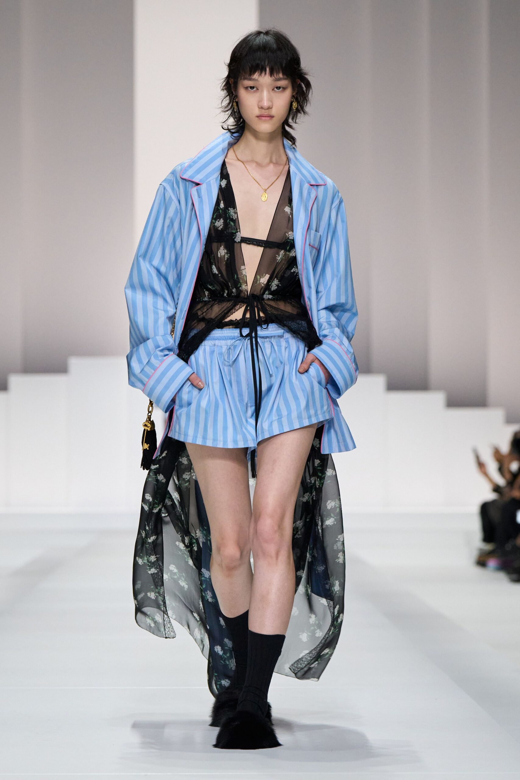 blue striped shirt black sheer top