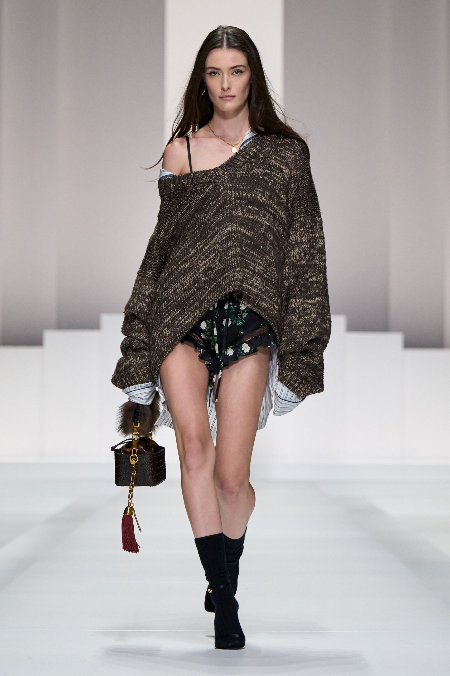 brown wool long-sleeve v-neck oversized layered sweater