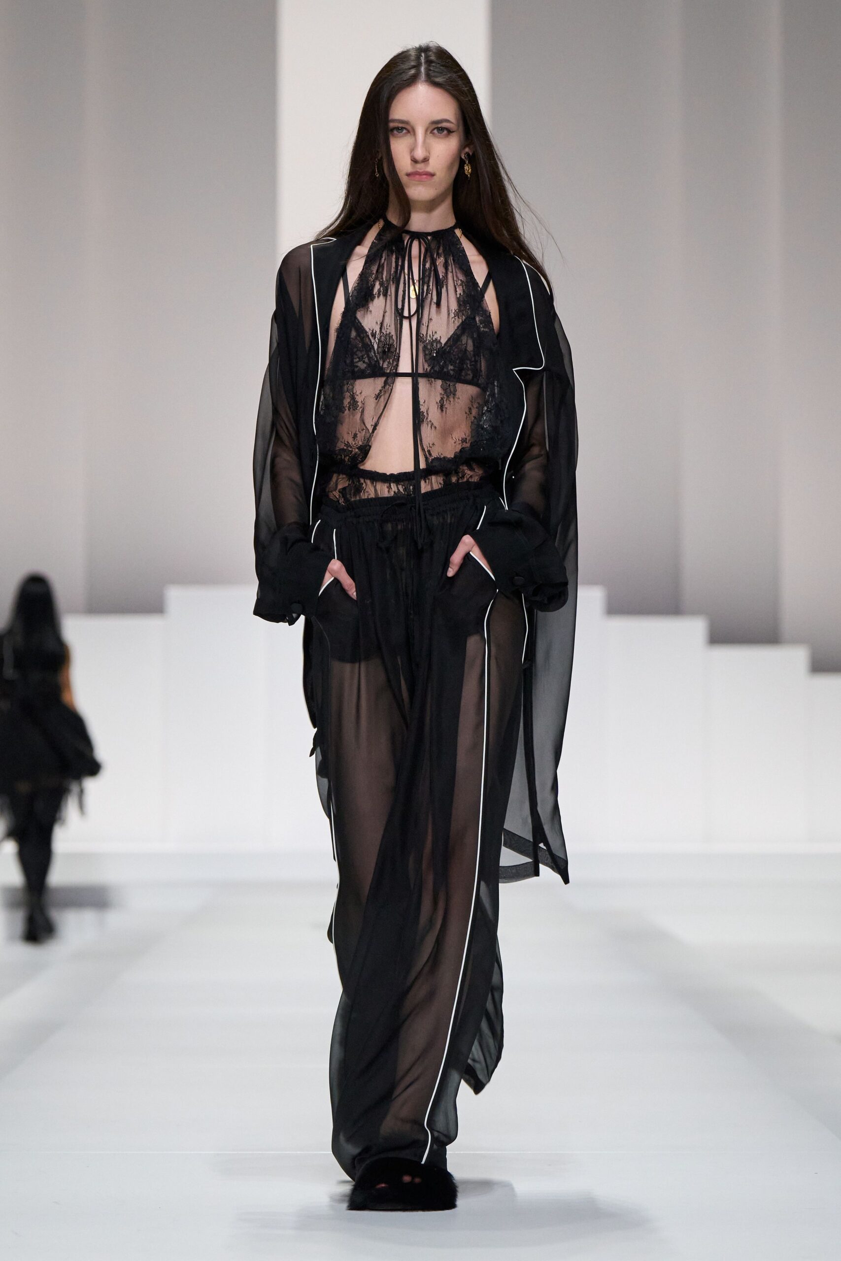 black lace sleeveless high-neck fitted sheer top