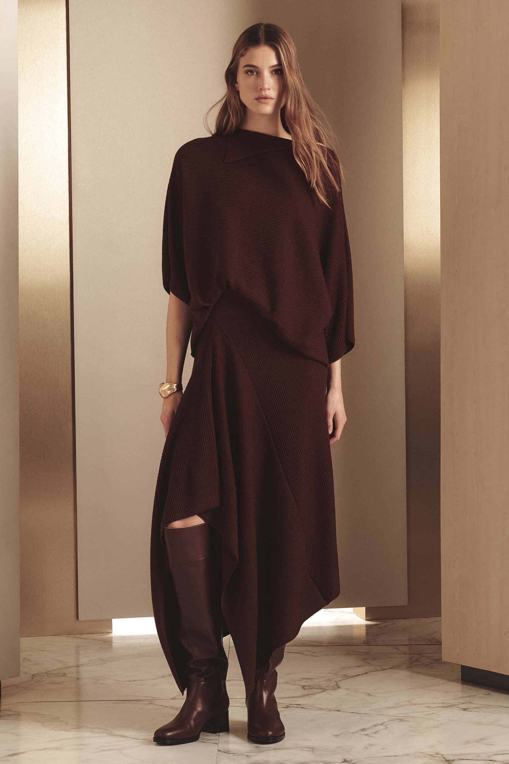 brown knit asymmetric dress with boots