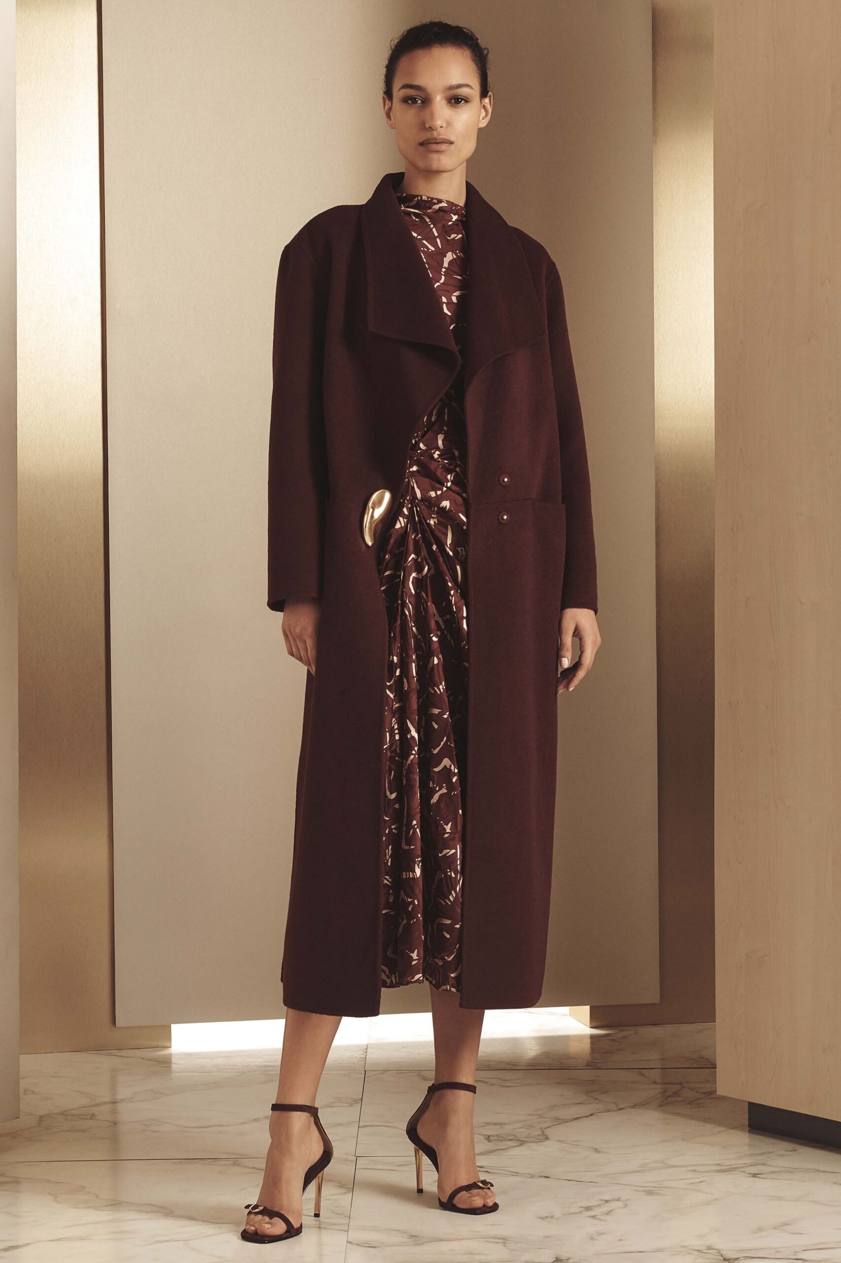 brown wool coat red silk dress